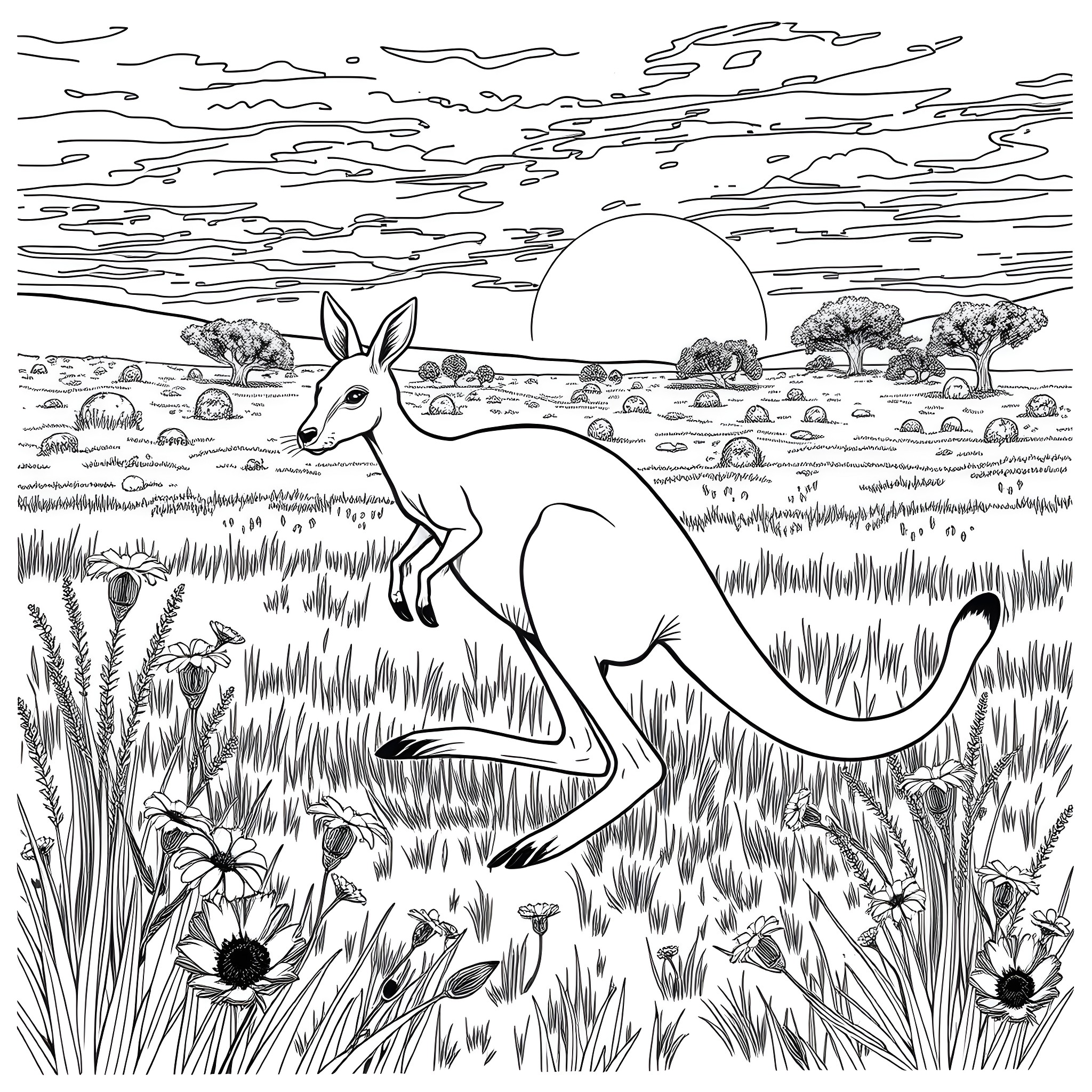 Kangaroo in serene landscape Coloring Page (free black-and-white line drawing printable PDF for all, from beginners to advanced learners, including children, teens, adults, and seniors)