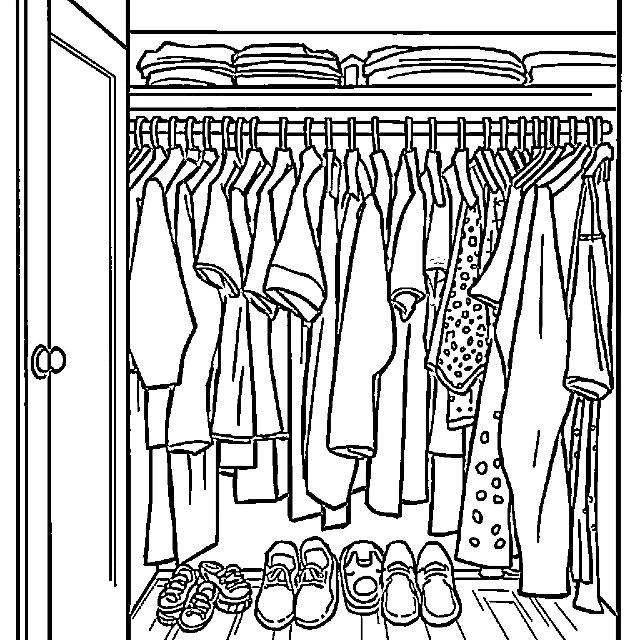 Closet full of organized clothing and accessories Coloring Page (free black-and-white line drawing printable PDF for all, from beginners to advanced learners, including children, teens, adults, and seniors)
