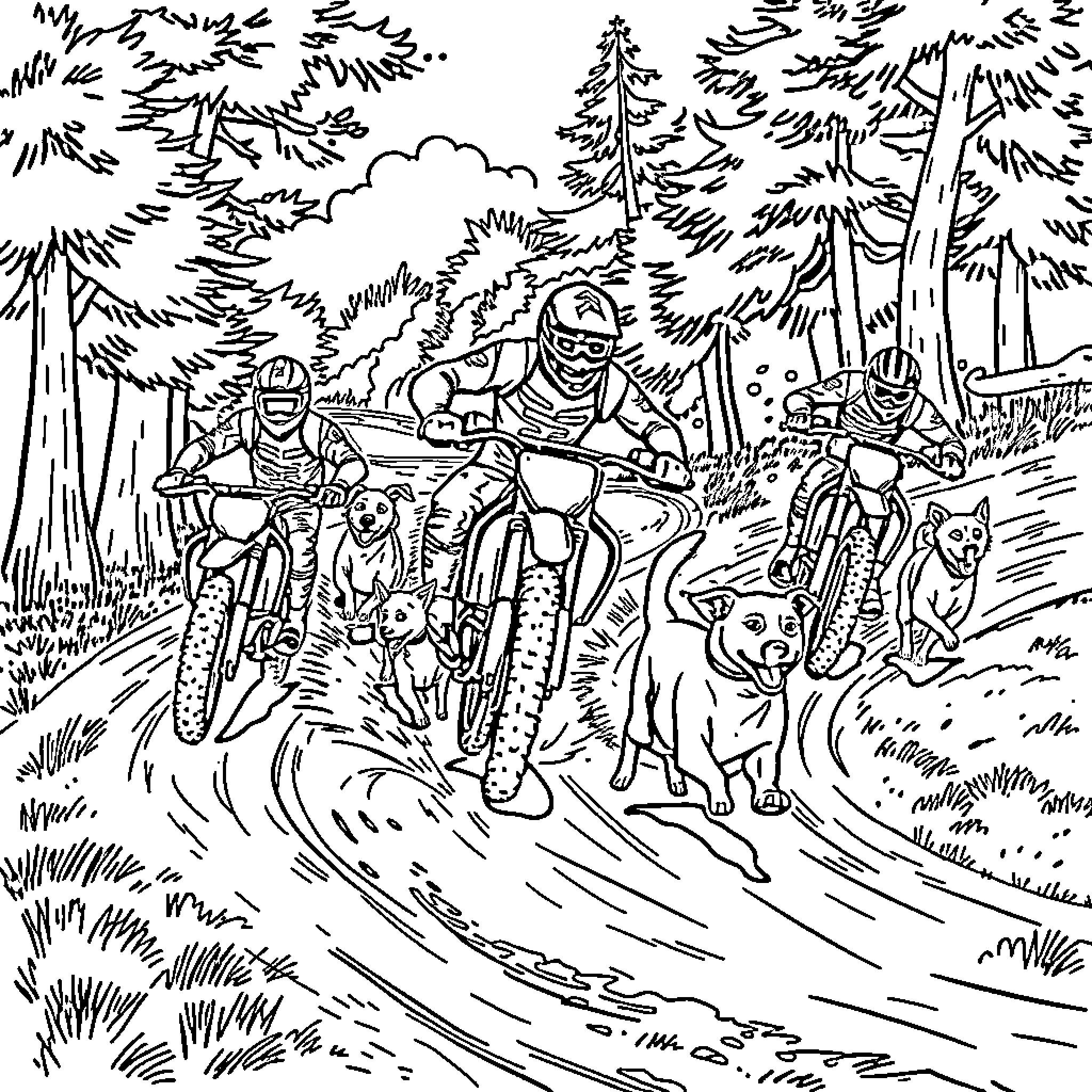 Dirtbike riders navigating through the forest Coloring Page (free black-and-white line drawing printable PDF for all, from beginners to advanced learners, including children, teens, adults, and seniors)