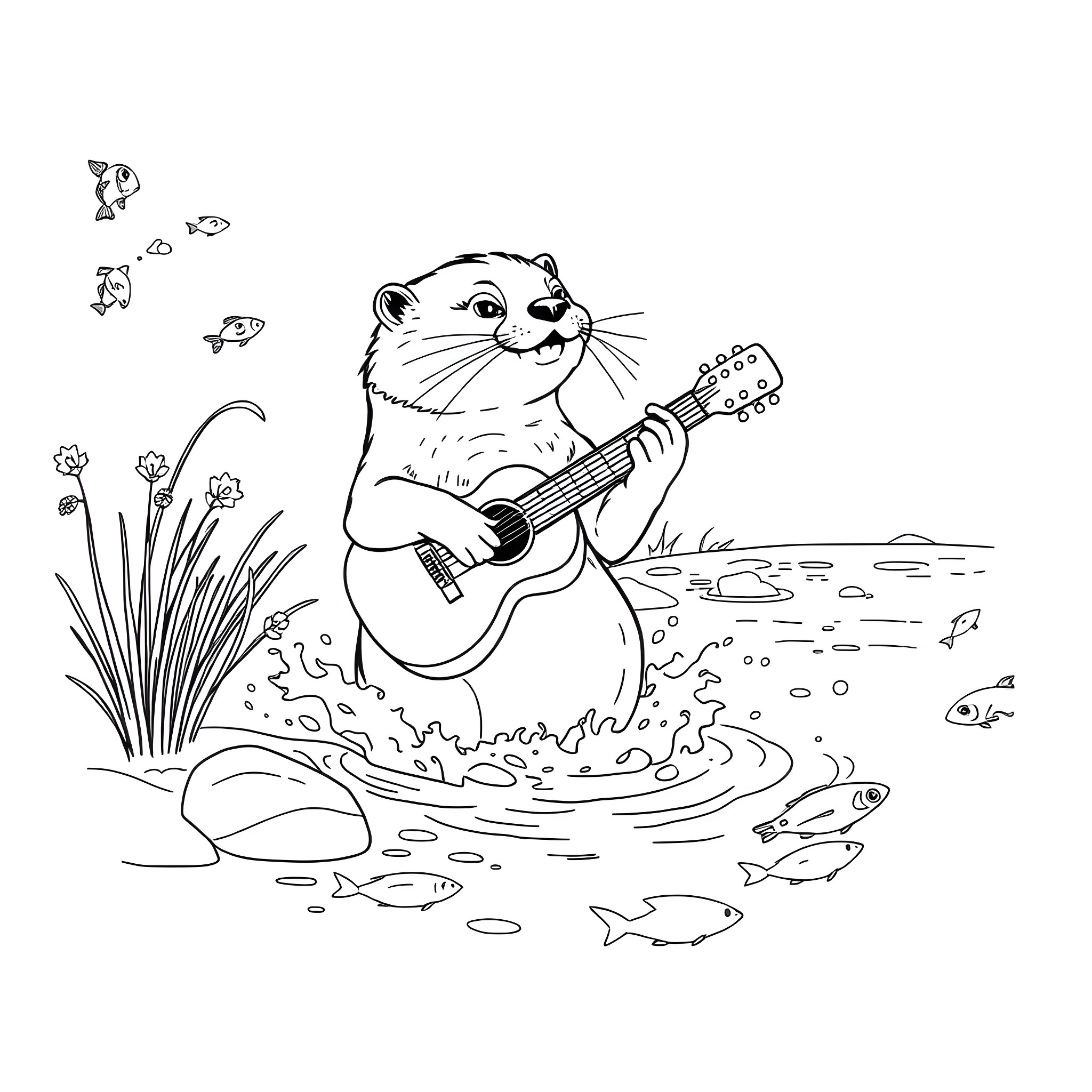 Otter playing guitar in the water Coloring Page (free black-and-white line drawing printable PDF for all, from beginners to advanced learners, including children, teens, adults, and seniors)