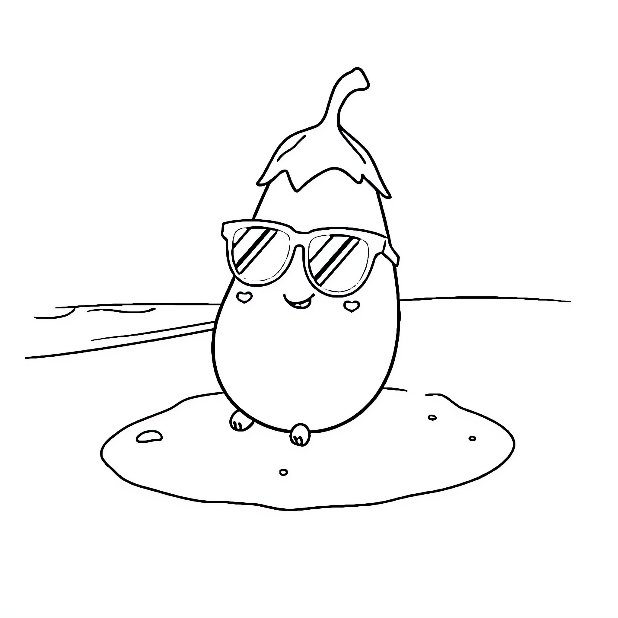 Eggplant character wearing sunglasses on the beach Coloring Page (free black-and-white line drawing printable PDF for all, from beginners to advanced learners, including children, teens, adults, and seniors)