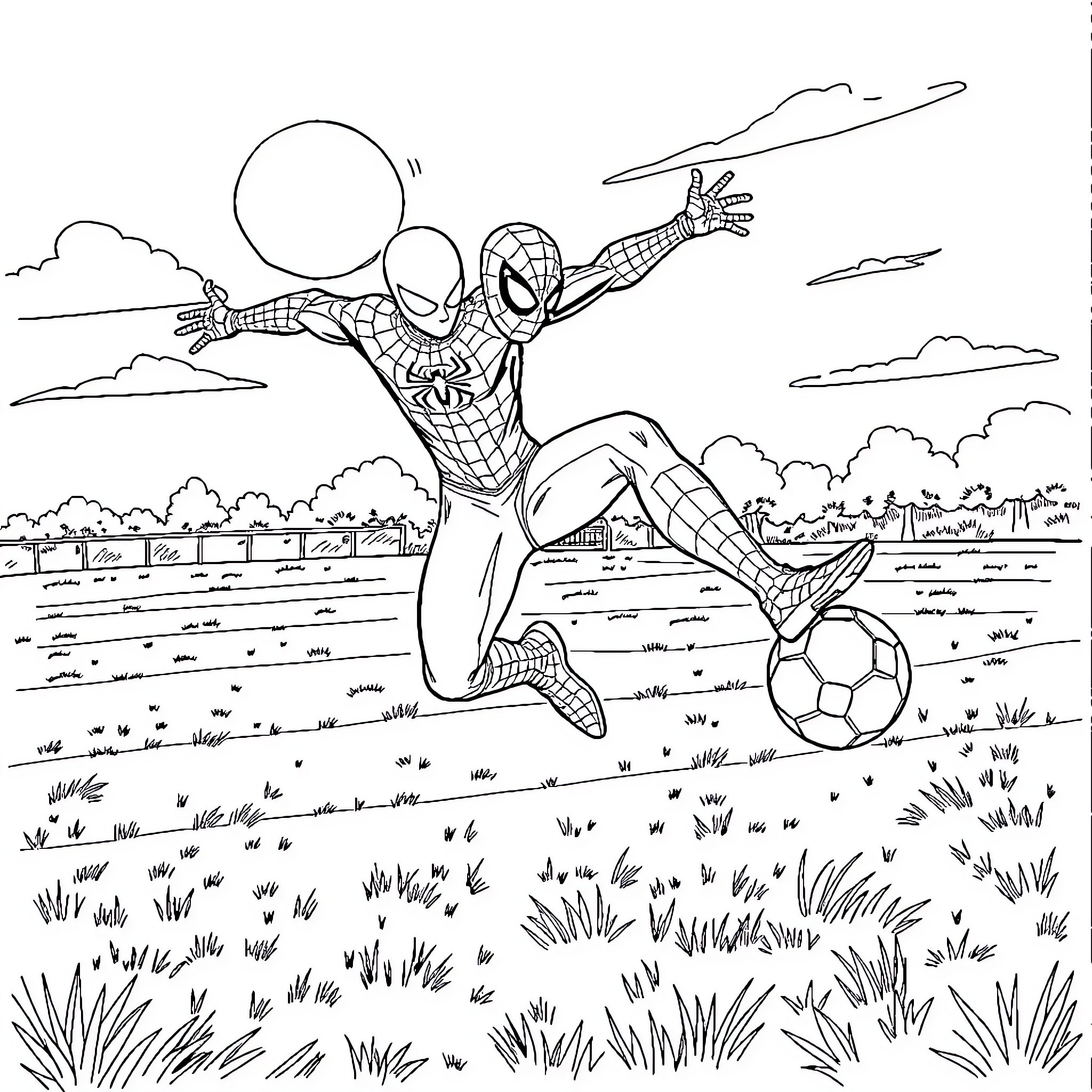 Spiderman playing soccer in the park Coloring Page (free black-and-white line drawing printable PDF for all, from beginners to advanced learners, including children, teens, adults, and seniors)