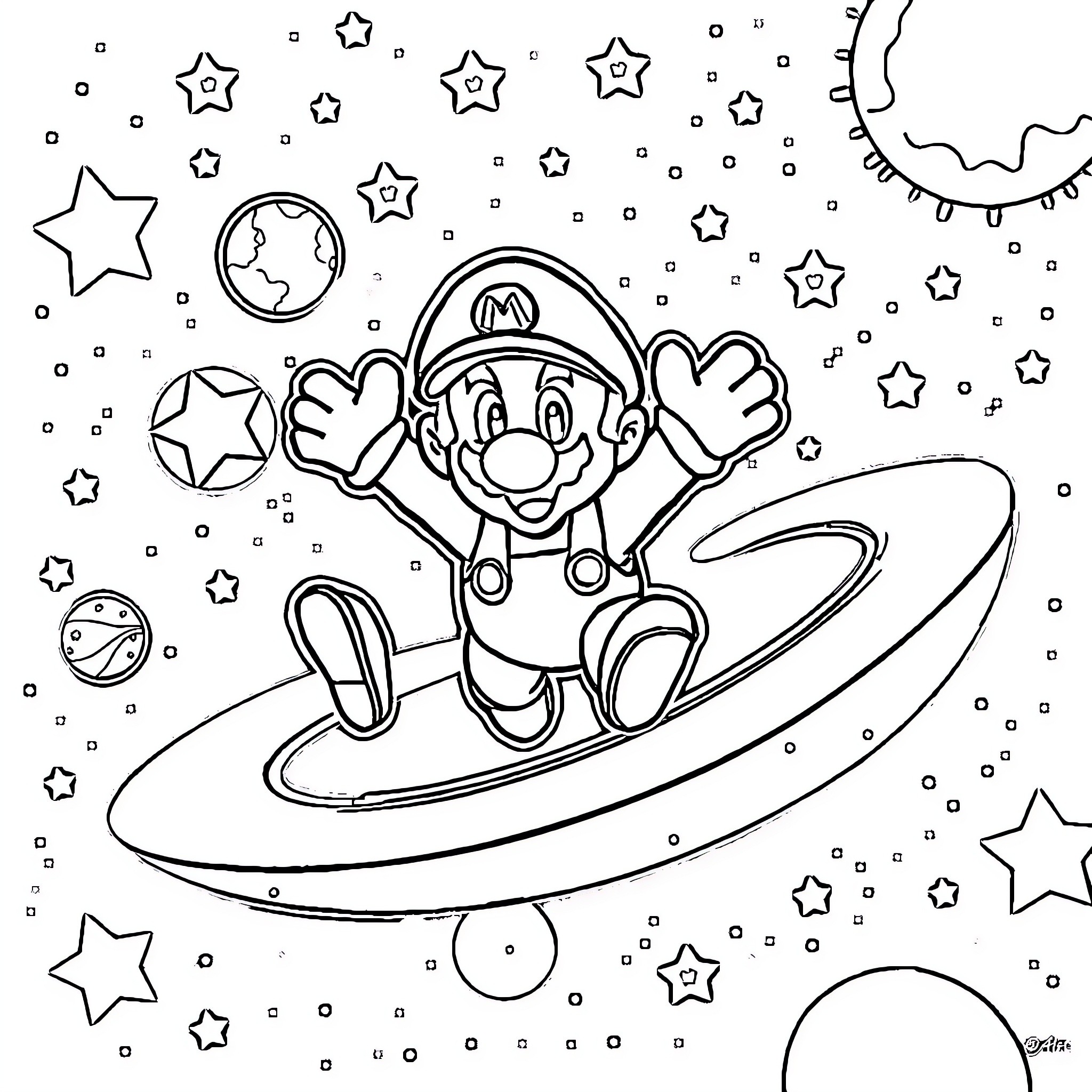 Mario surfing among the stars Coloring Page (free black-and-white line drawing printable PDF for all, from beginners to advanced learners, including children, teens, adults, and seniors)