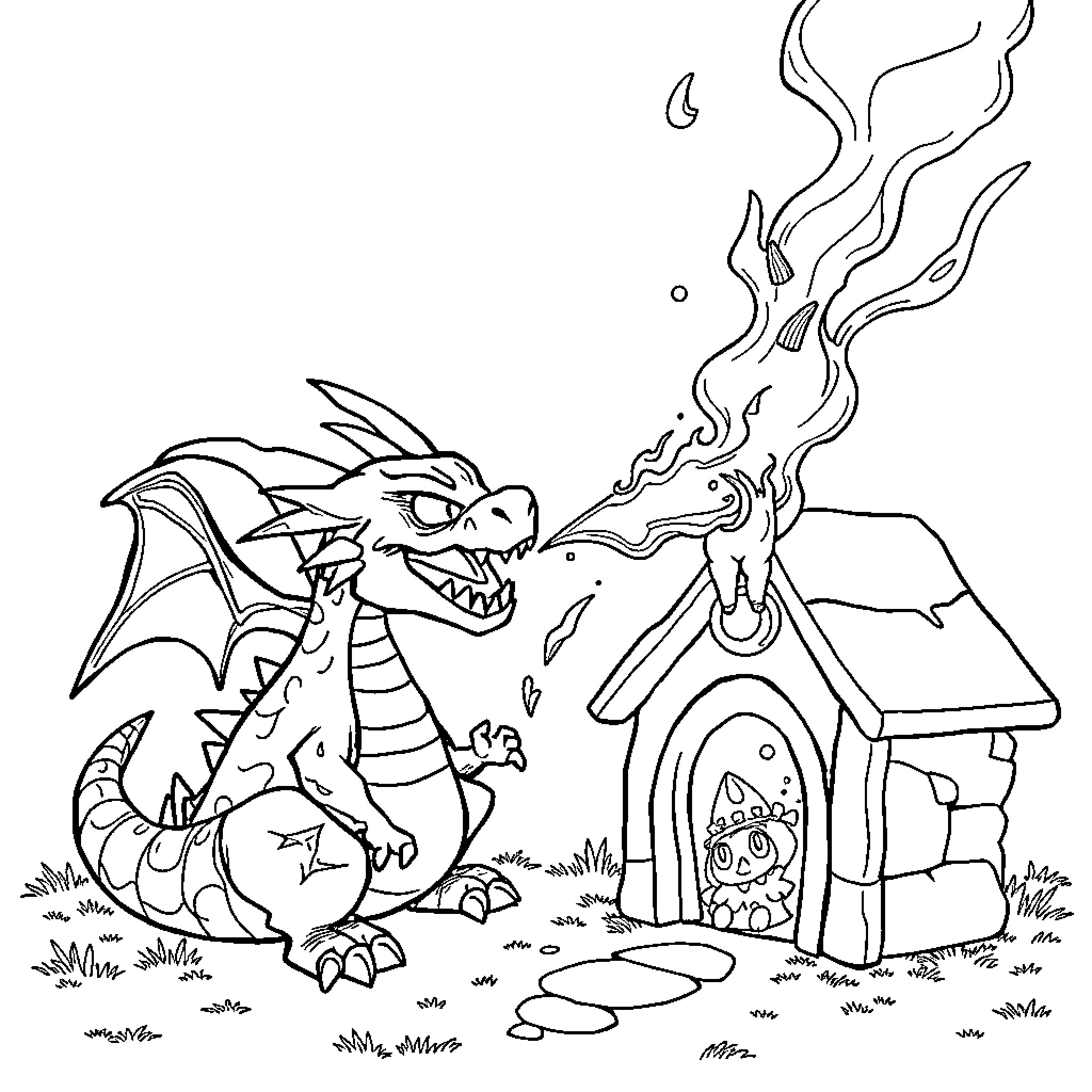 Dragon breathing fire near a small house Coloring Page (free black-and-white line drawing printable PDF for all, from beginners to advanced learners, including children, teens, adults, and seniors)