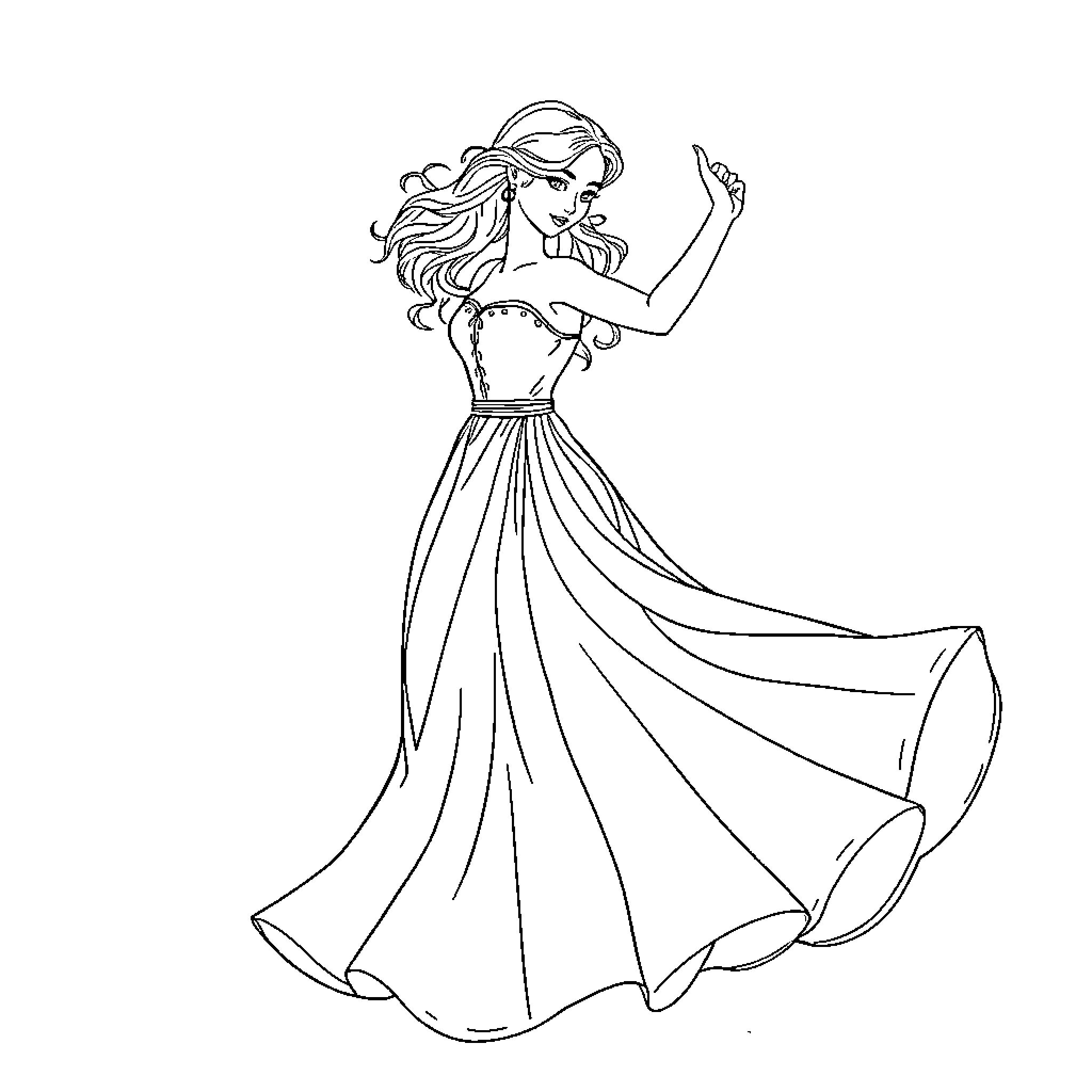 Arielle dancing gracefully in a flowing dress Coloring Page (free black-and-white line drawing printable PDF for all, from beginners to advanced learners, including children, teens, adults, and seniors)