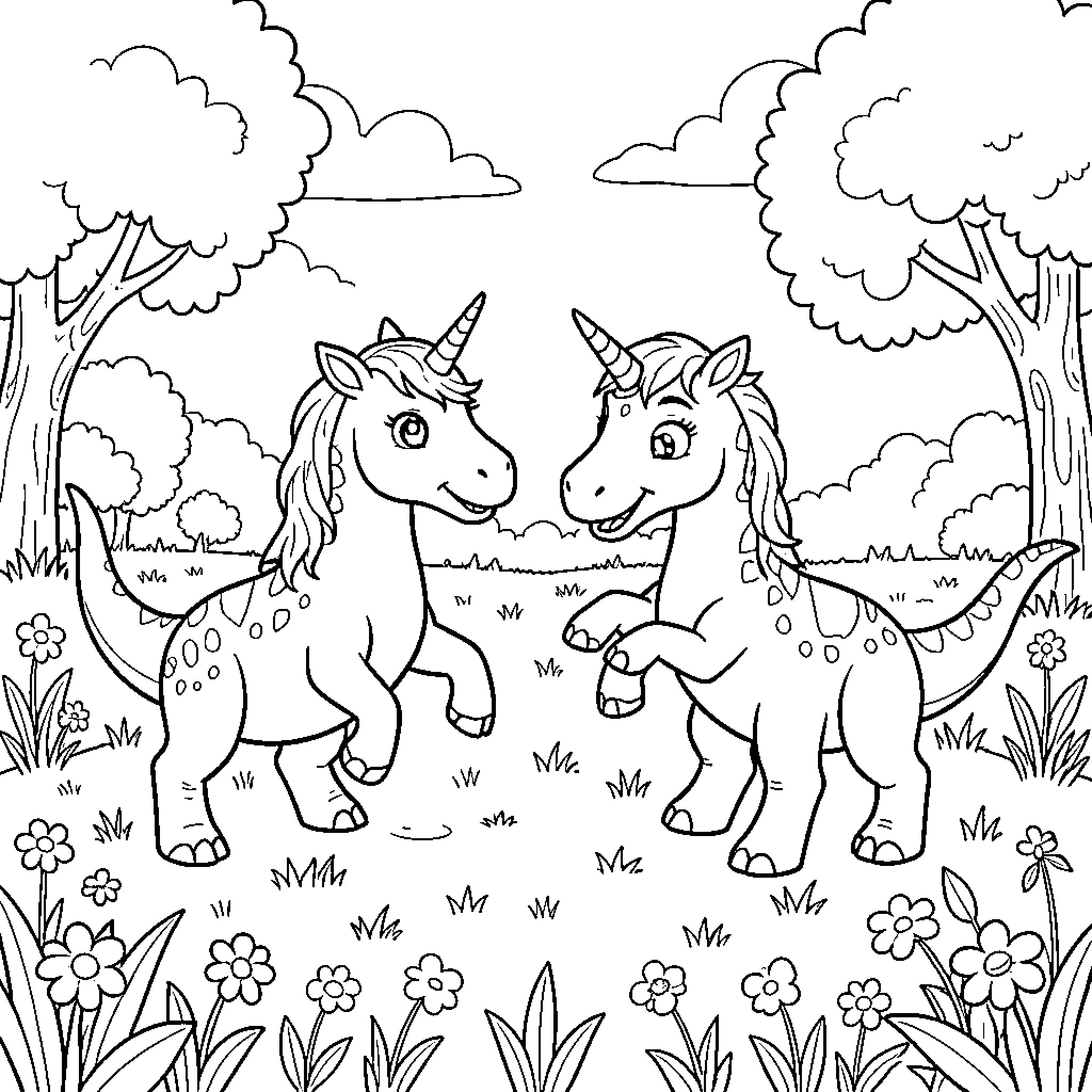 Unicorns dancing and playing together in a flowery meadow Coloring Page (free black-and-white line drawing printable PDF for all, from beginners to advanced learners, including children, teens, adults, and seniors)