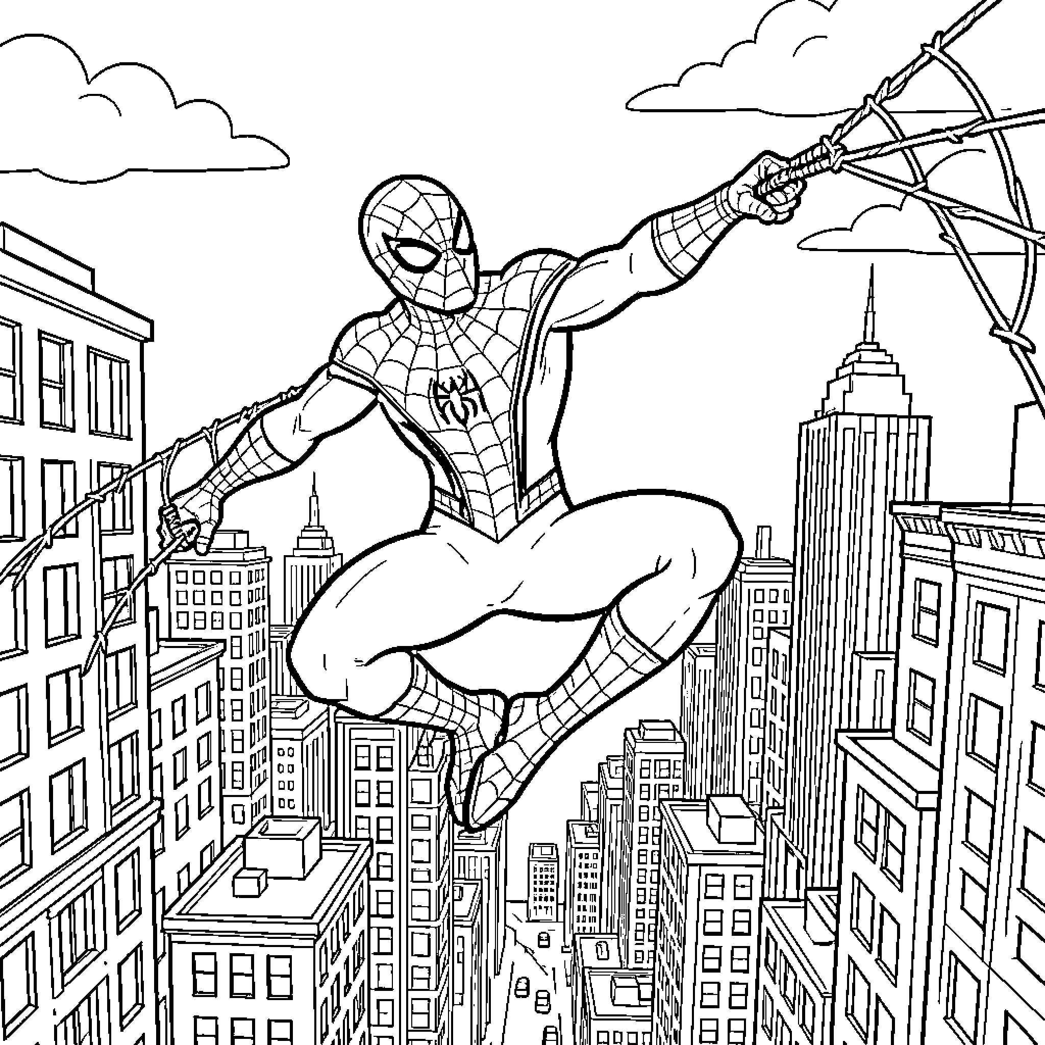 Spiderman swinging through the city skyscrapers Coloring Page (free black-and-white line drawing printable PDF for all, from beginners to advanced learners, including children, teens, adults, and seniors)