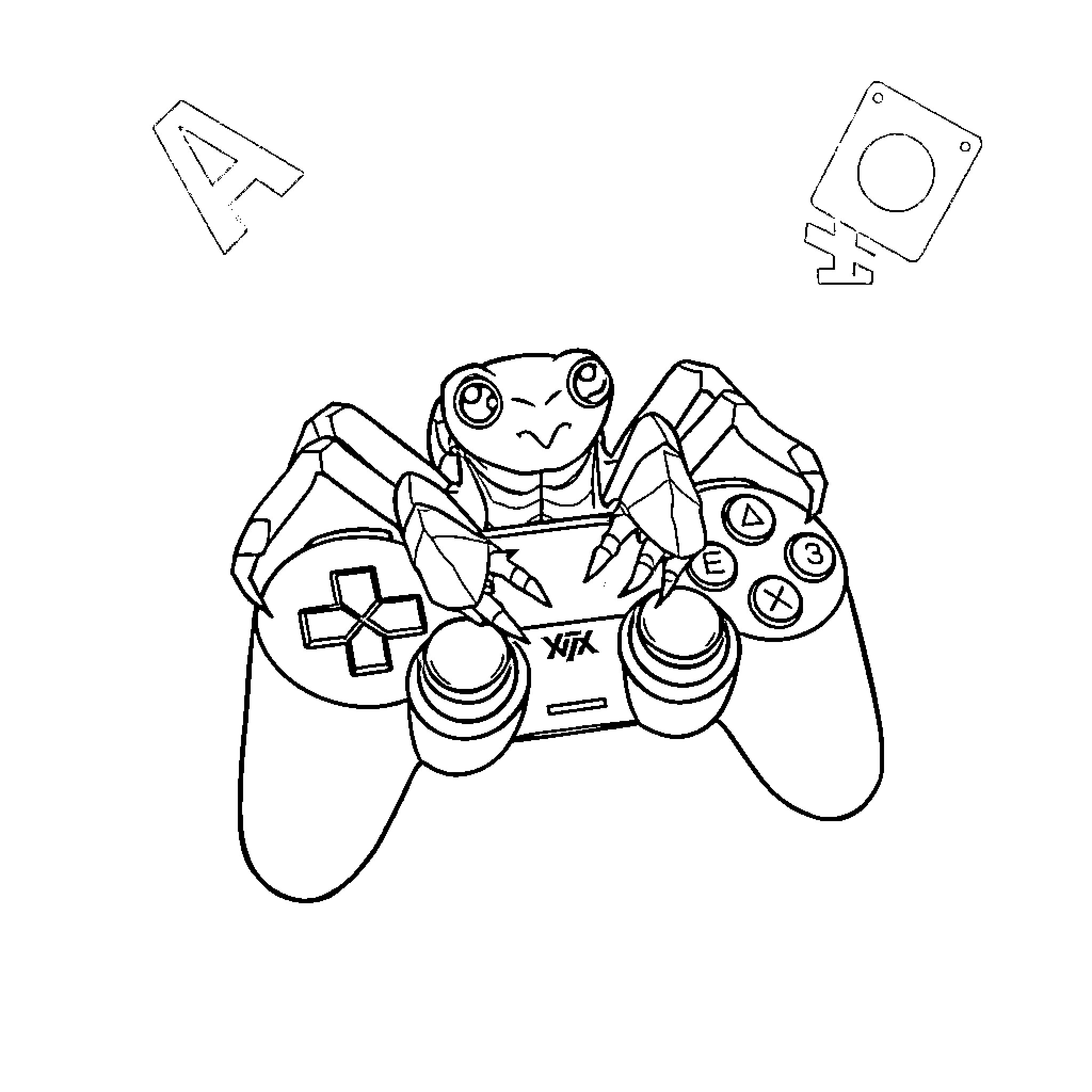 Spider playing video game with game controller Coloring Page (free black-and-white line drawing printable PDF for all, from beginners to advanced learners, including children, teens, adults, and seniors)