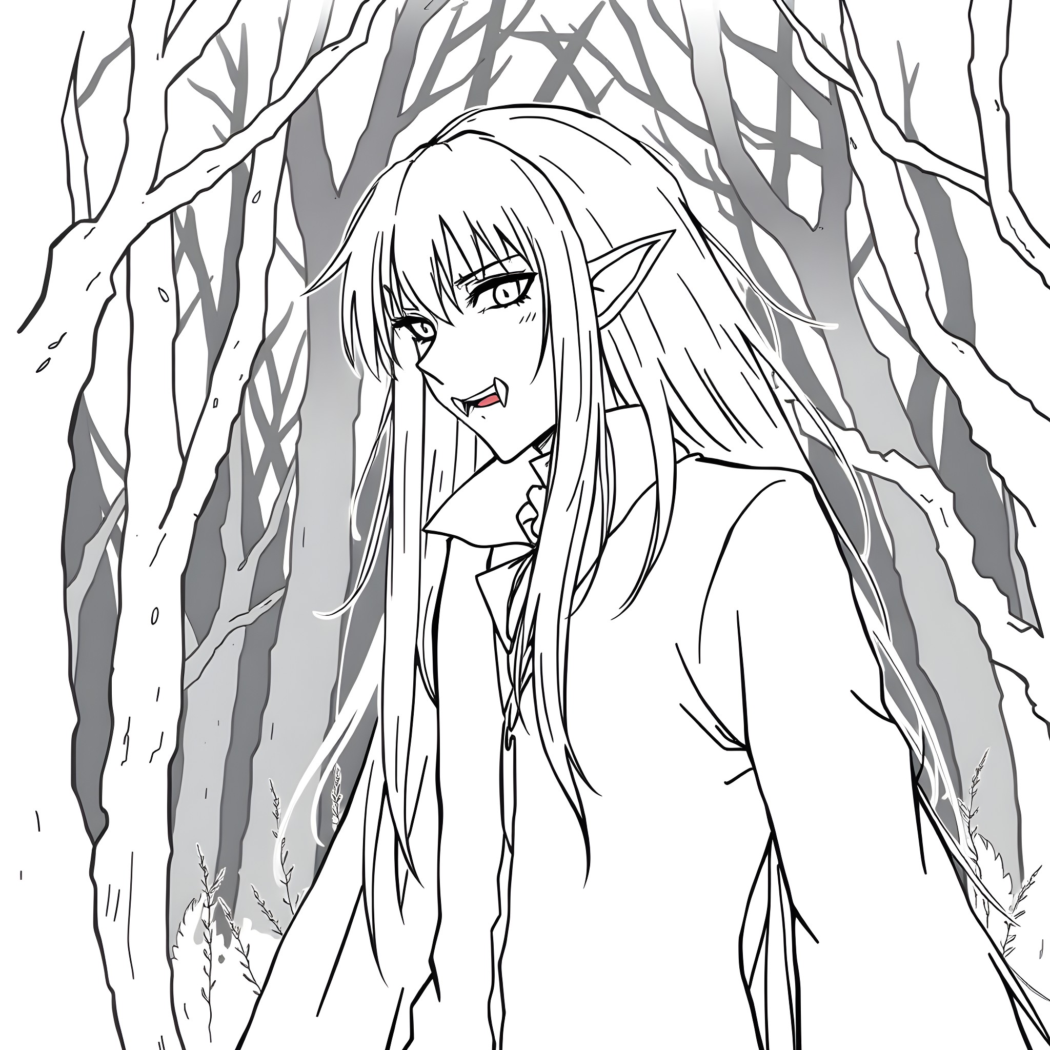 Mitsuri in a Mysterious Forest Coloring Page (free black-and-white line drawing printable PDF for all, from beginners to advanced learners, including children, teens, adults, and seniors)