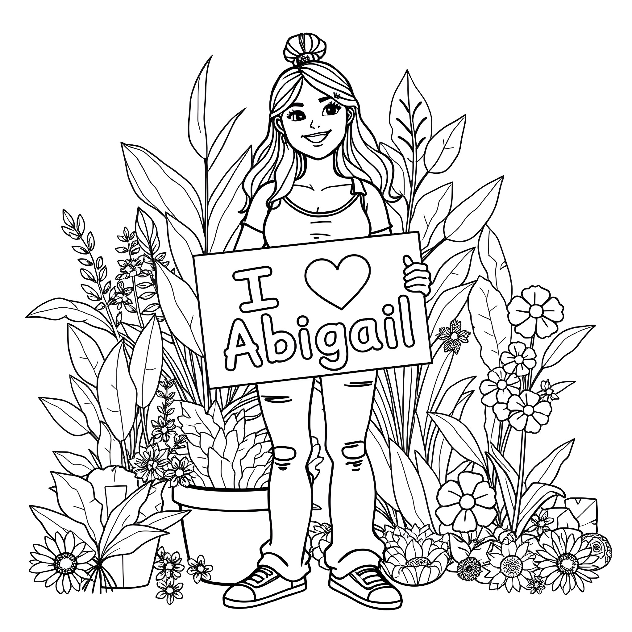 Vegetarian girl expressing love for Abigail Coloring Page (free black-and-white line drawing printable PDF for all, from beginners to advanced learners, including children, teens, adults, and seniors)