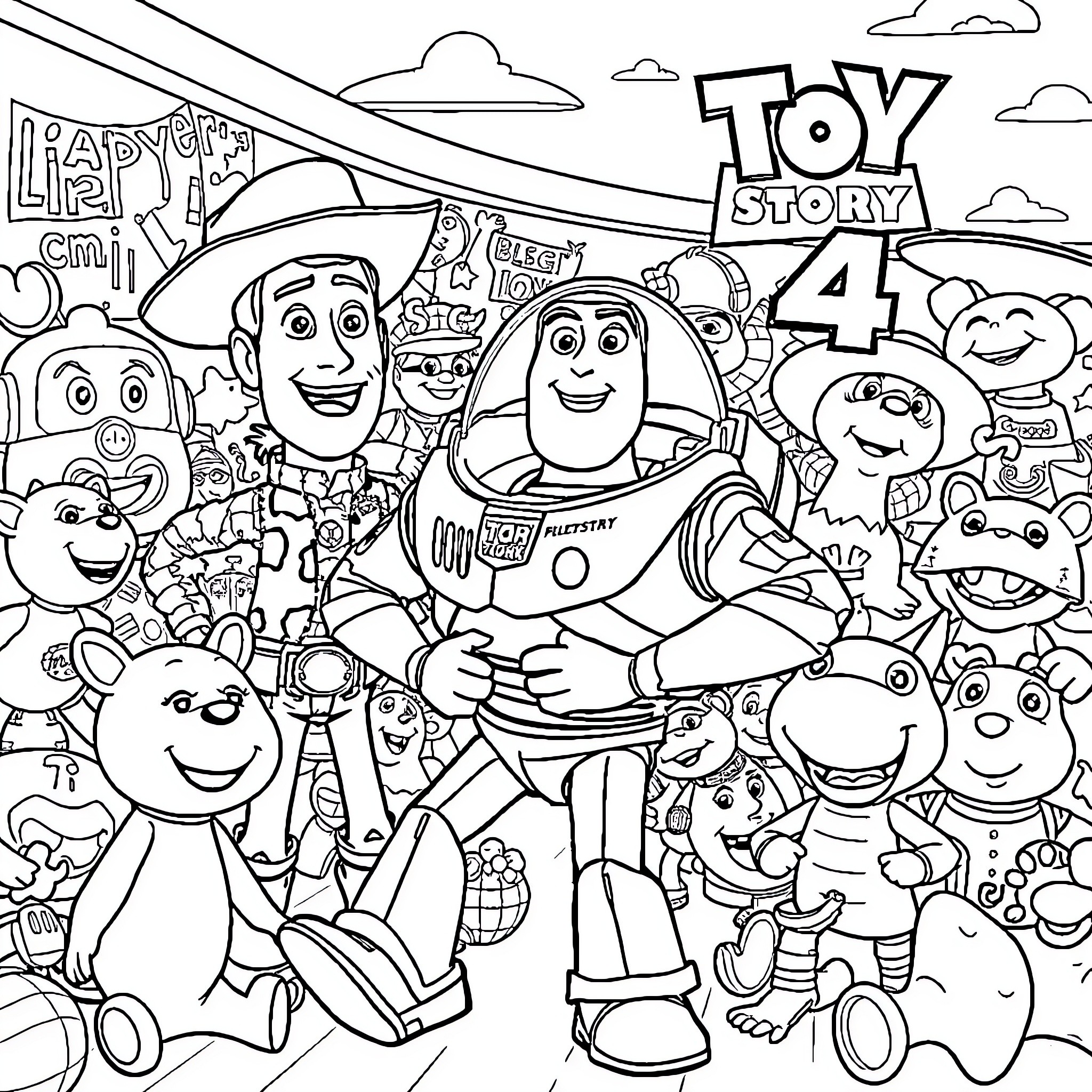 Toy Story 4 Characters in Whimsical Adventure Coloring Page (free black-and-white line drawing printable PDF for all, from beginners to advanced learners, including children, teens, adults, and seniors)
