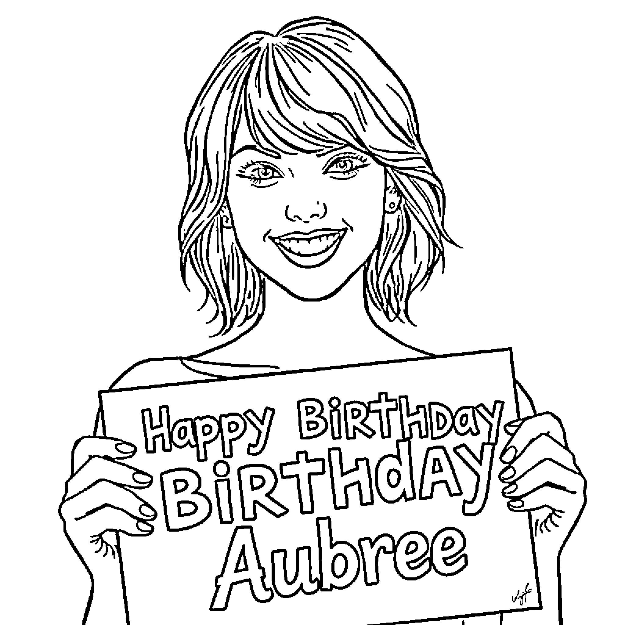 Taylor Swift holding 'Happy Birthday Aubree' sign Coloring Page (free black-and-white line drawing printable PDF for all, from beginners to advanced learners, including children, teens, adults, and seniors)