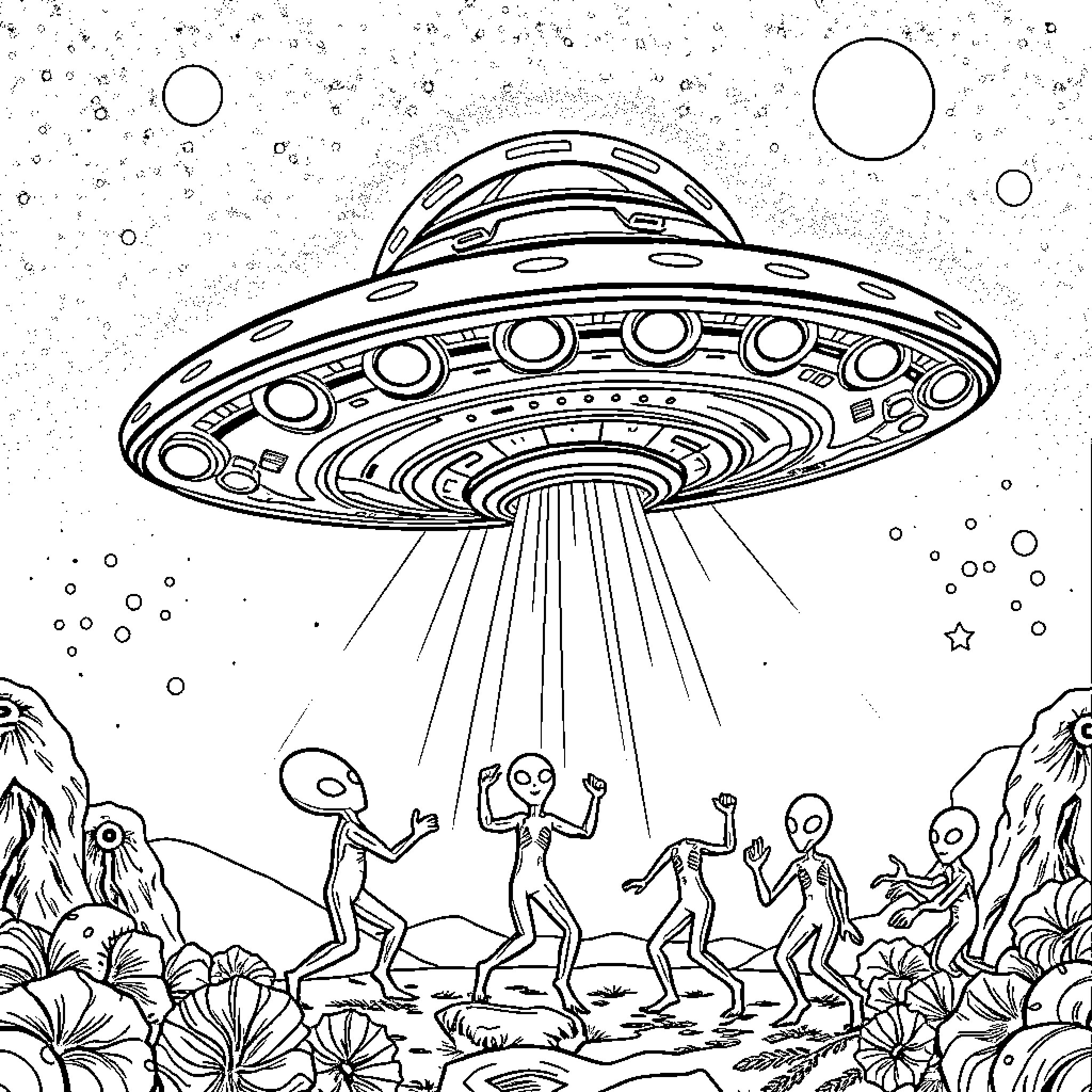 UFO Abducting Aliens in Mysterious Landscape Coloring Page (free black-and-white line drawing printable PDF for all, from beginners to advanced learners, including children, teens, adults, and seniors)