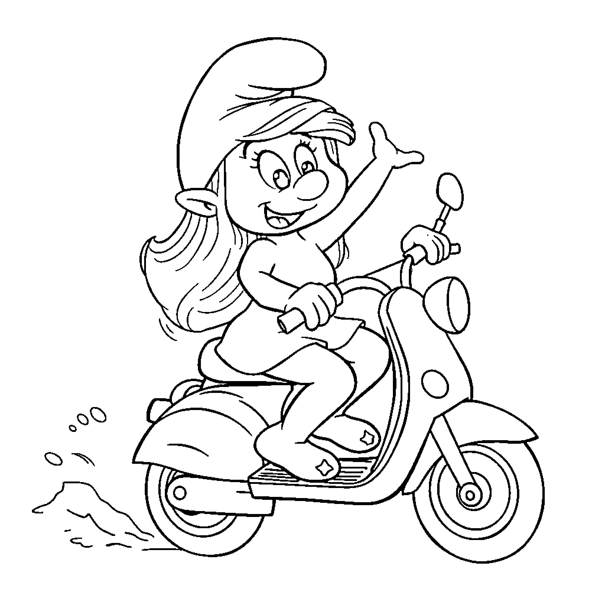 Smurfette riding a scooter with excitement Coloring Page (free black-and-white line drawing printable PDF for all, from beginners to advanced learners, including children, teens, adults, and seniors)