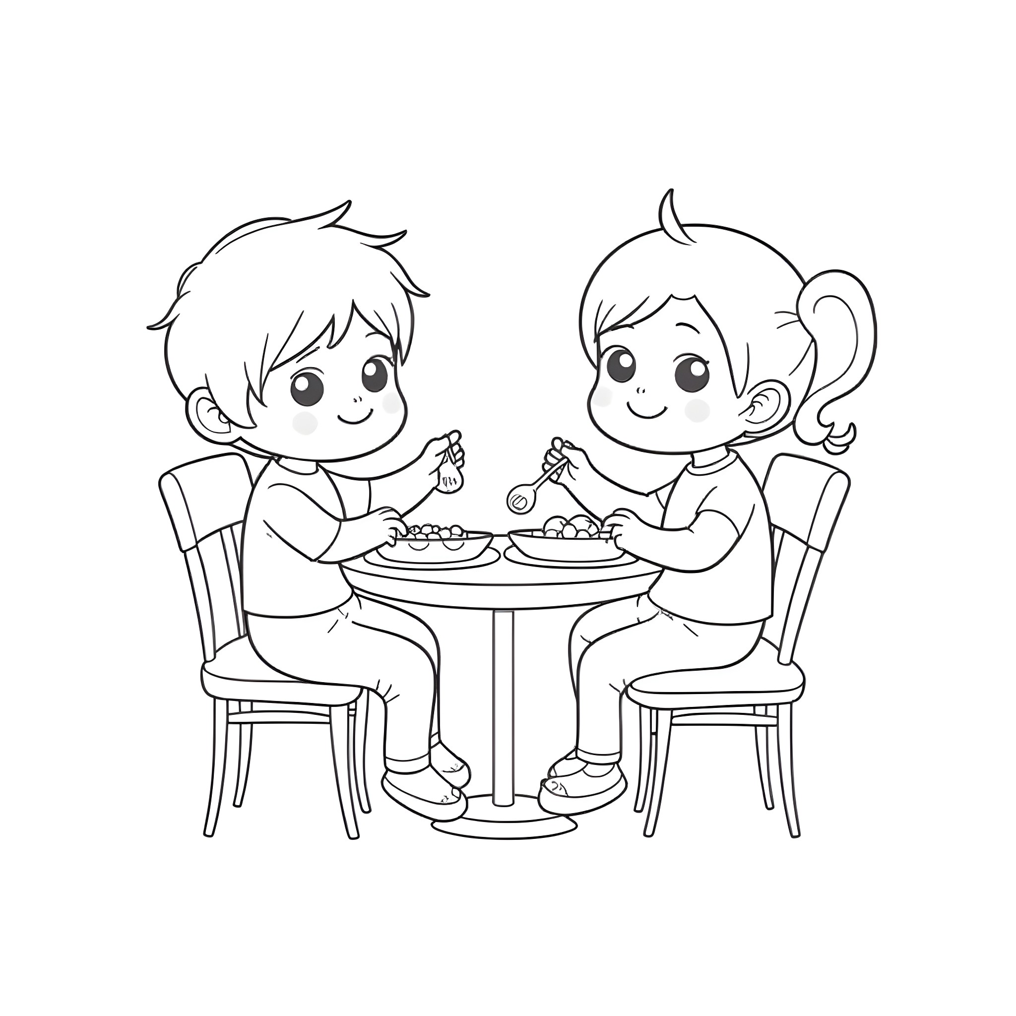 Child enjoying a meal with a friend Coloring Page (free black-and-white line drawing printable PDF for all, from beginners to advanced learners, including children, teens, adults, and seniors)