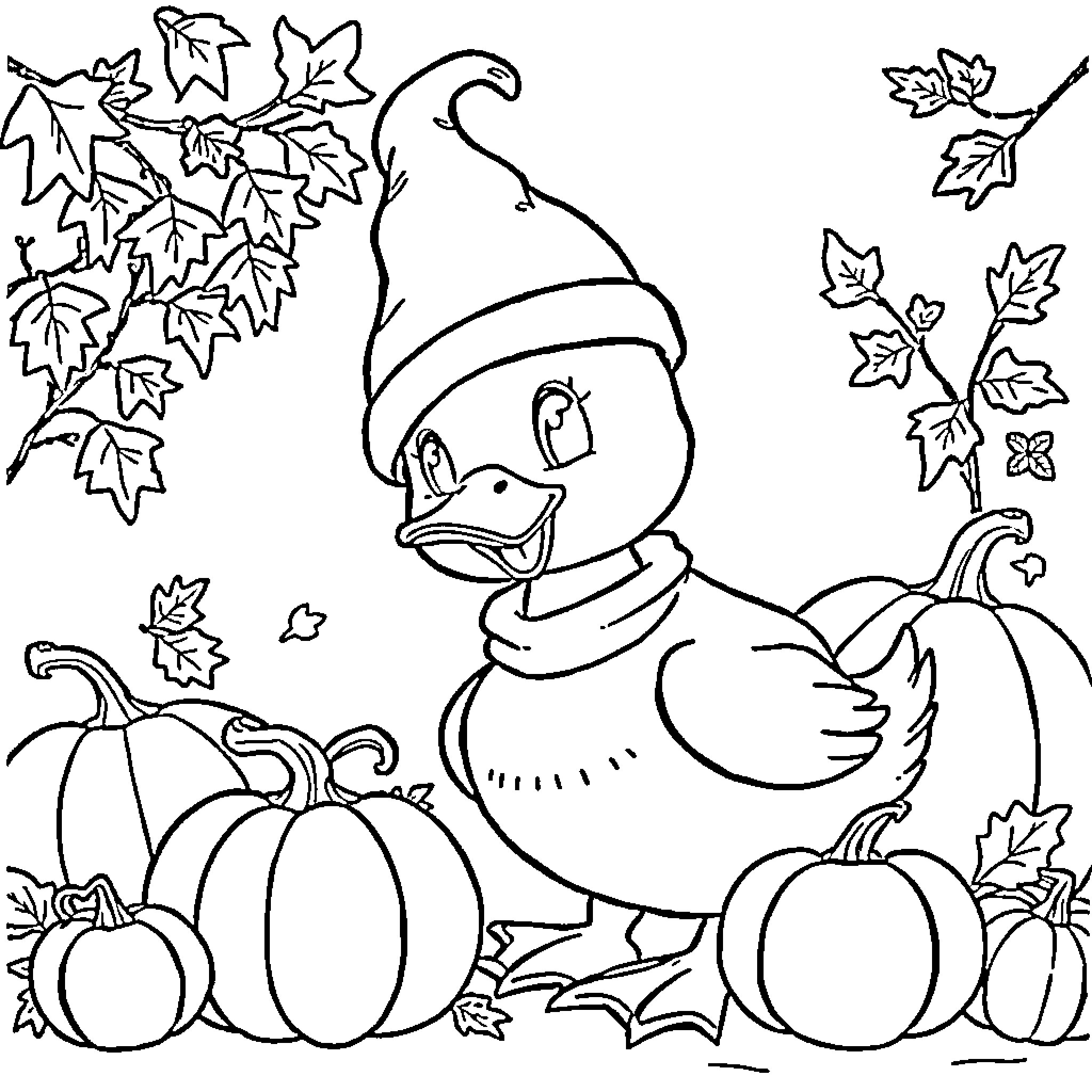 Duck enjoying autumn leaves and pumpkins Coloring Page (free black-and-white line drawing printable PDF for all, from beginners to advanced learners, including children, teens, adults, and seniors)