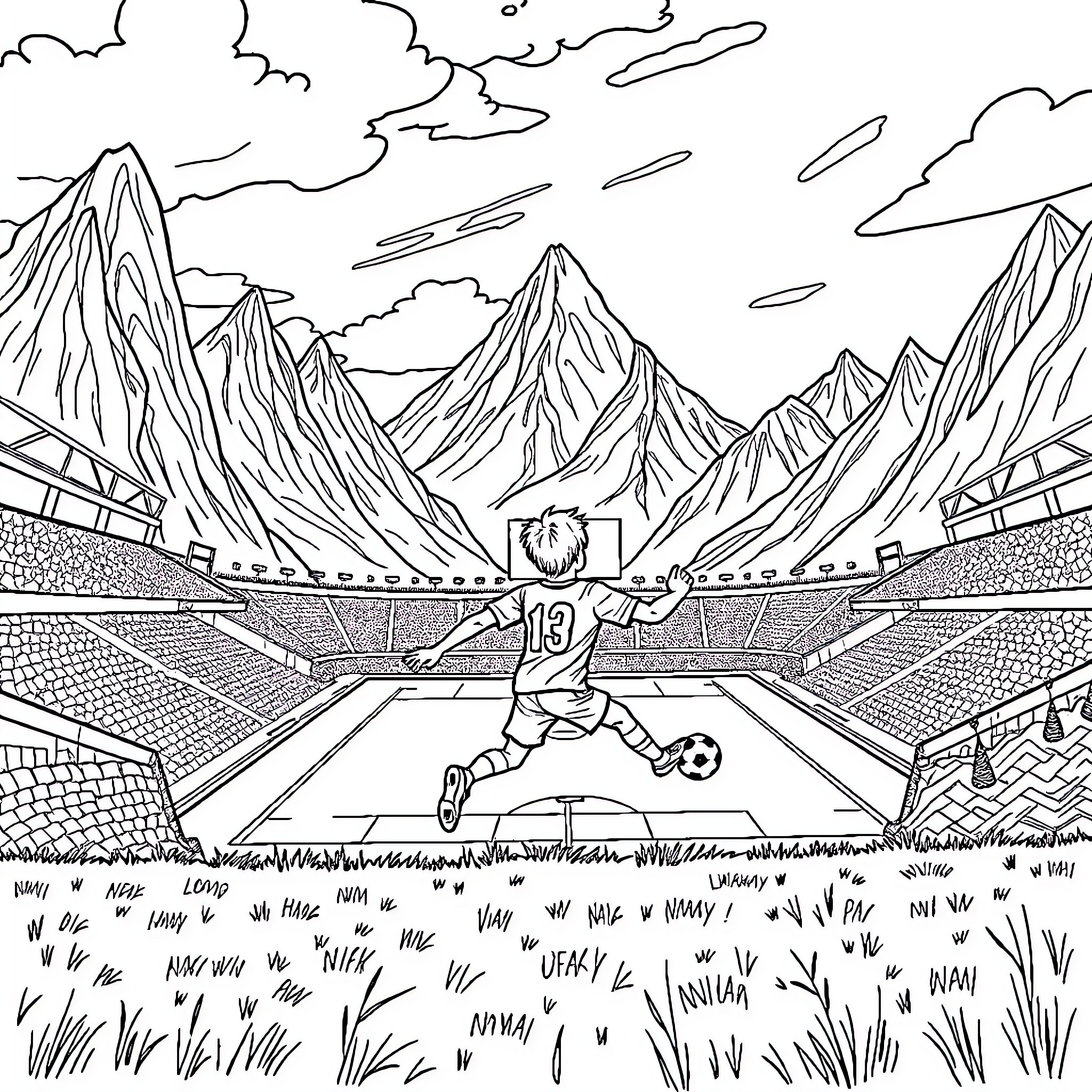 Boy playing soccer in a stadium against mountains Coloring Page (free black-and-white line drawing printable PDF for all, from beginners to advanced learners, including children, teens, adults, and seniors)