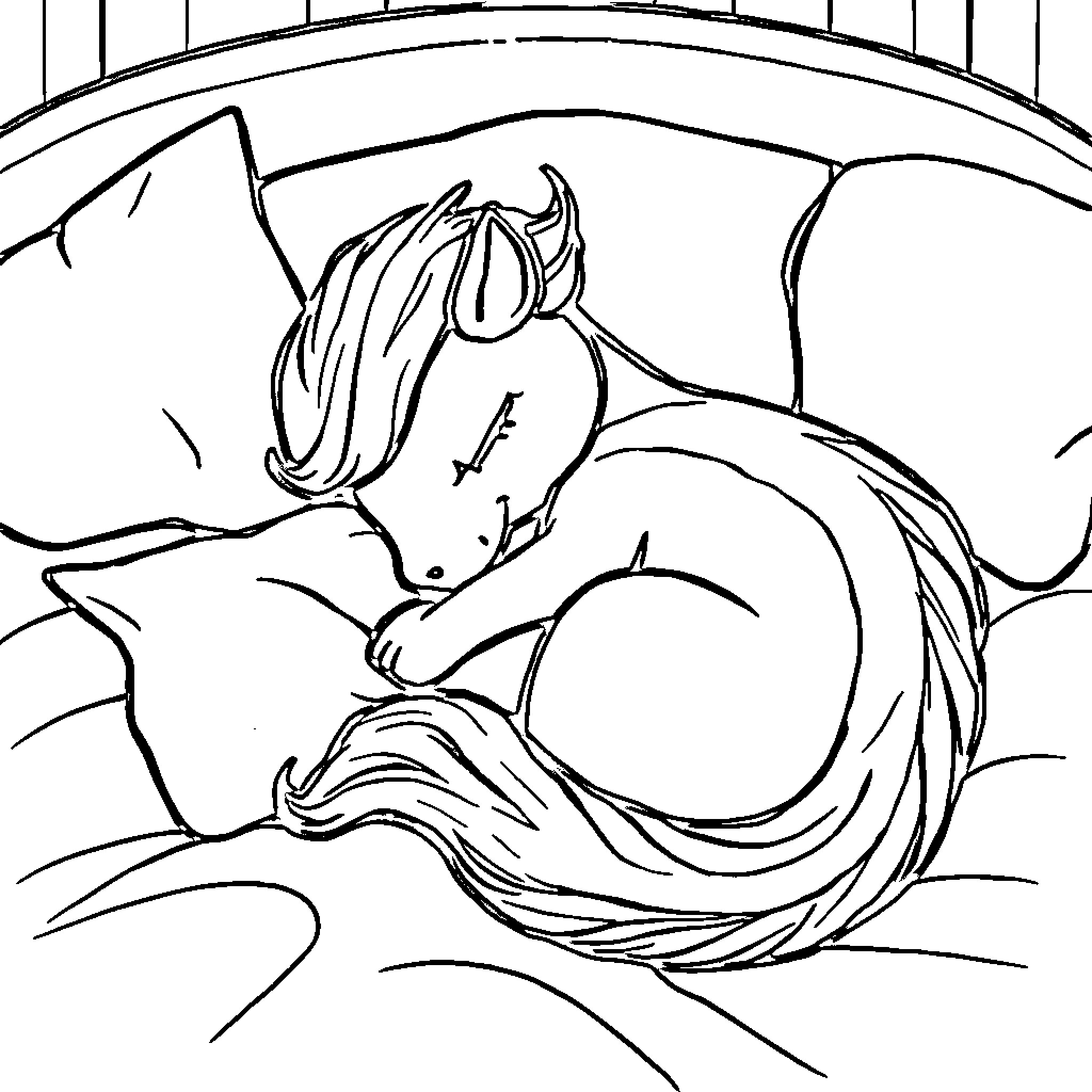 Flamara - Sleeping Equine Figure in Tranquil Scene Coloring Page (free black-and-white line drawing printable PDF for all, from beginners to advanced learners, including children, teens, adults, and seniors)
