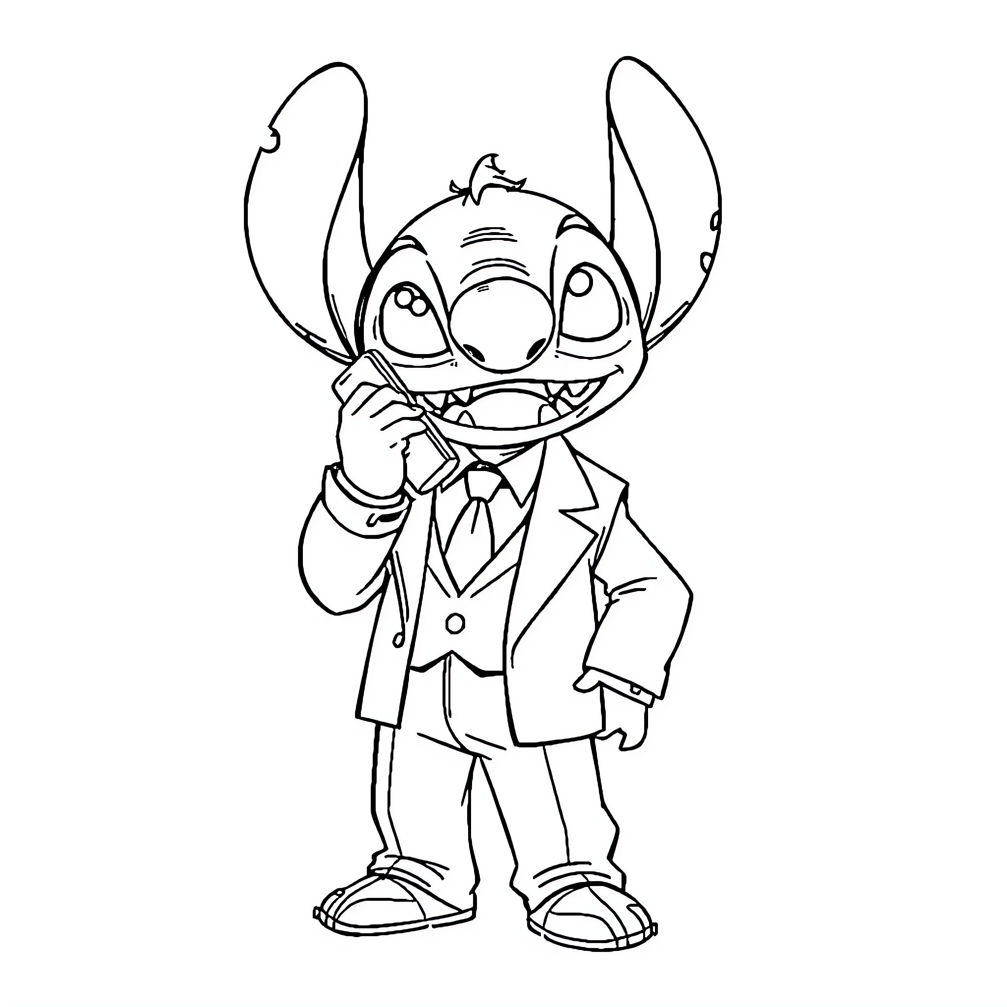 Stitch dressed in business attire with a mischievous expression Coloring Page (free black-and-white line drawing printable PDF for all, from beginners to advanced learners, including children, teens, adults, and seniors)