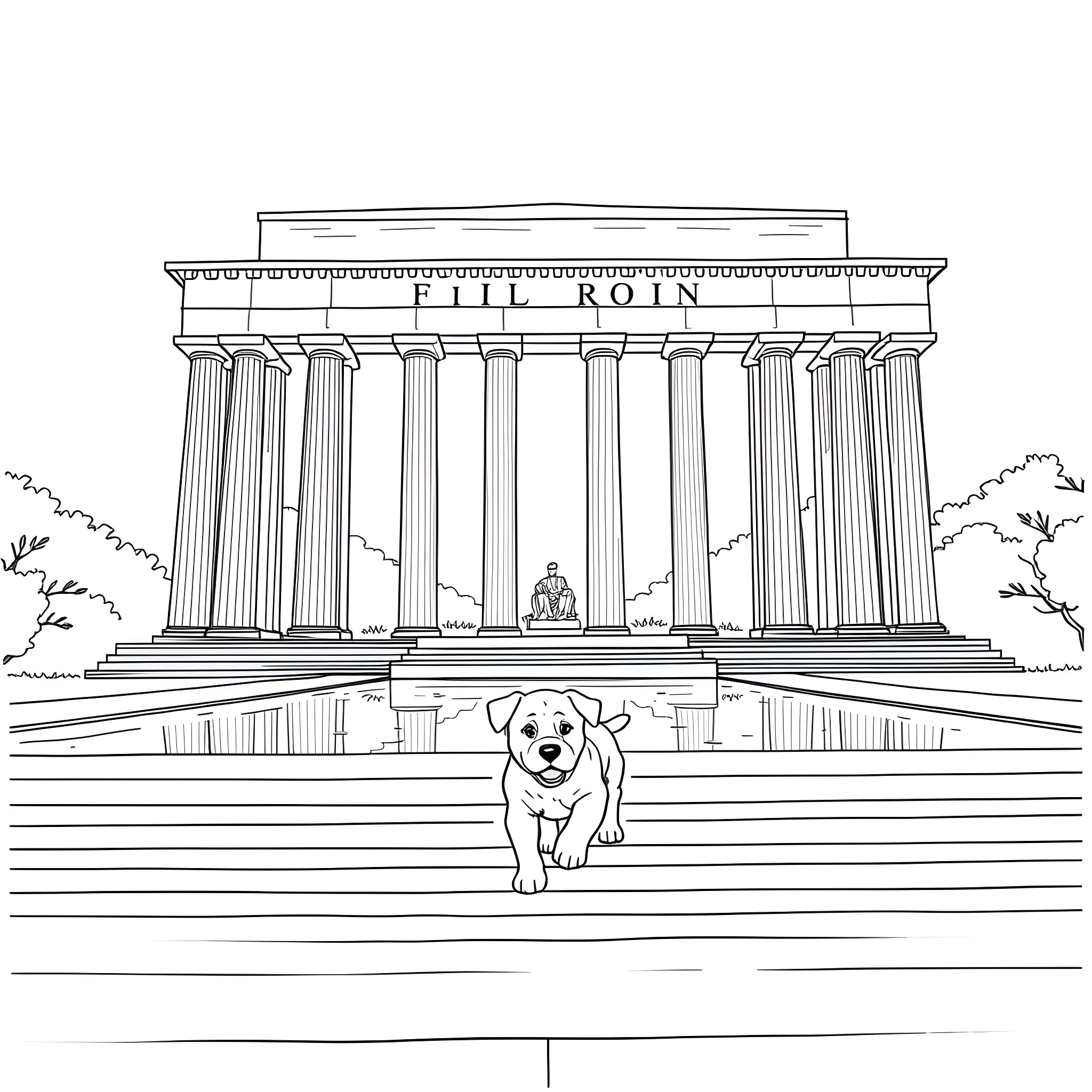 Puppy exploring historic landmark Coloring Page (free black-and-white line drawing printable PDF for all, from beginners to advanced learners, including children, teens, adults, and seniors)