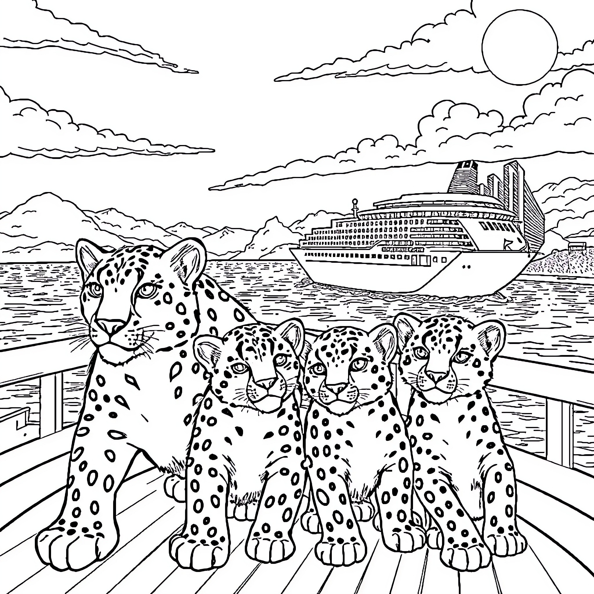 Snowleopard family on a cruise ship dock Coloring Page (free black-and-white line drawing printable PDF for all, from beginners to advanced learners, including children, teens, adults, and seniors)