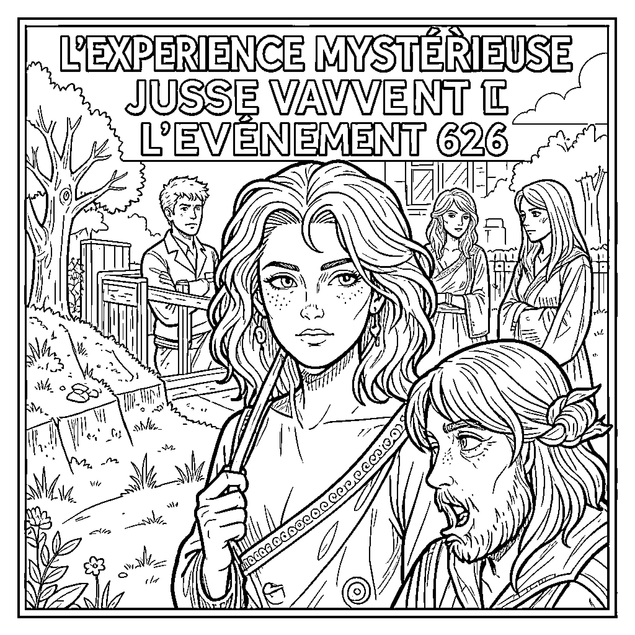 L'expérience mystérieuse de personnages dans un jardin Coloring Page (free black-and-white line drawing printable PDF for all, from beginners to advanced learners, including children, teens, adults, and seniors)