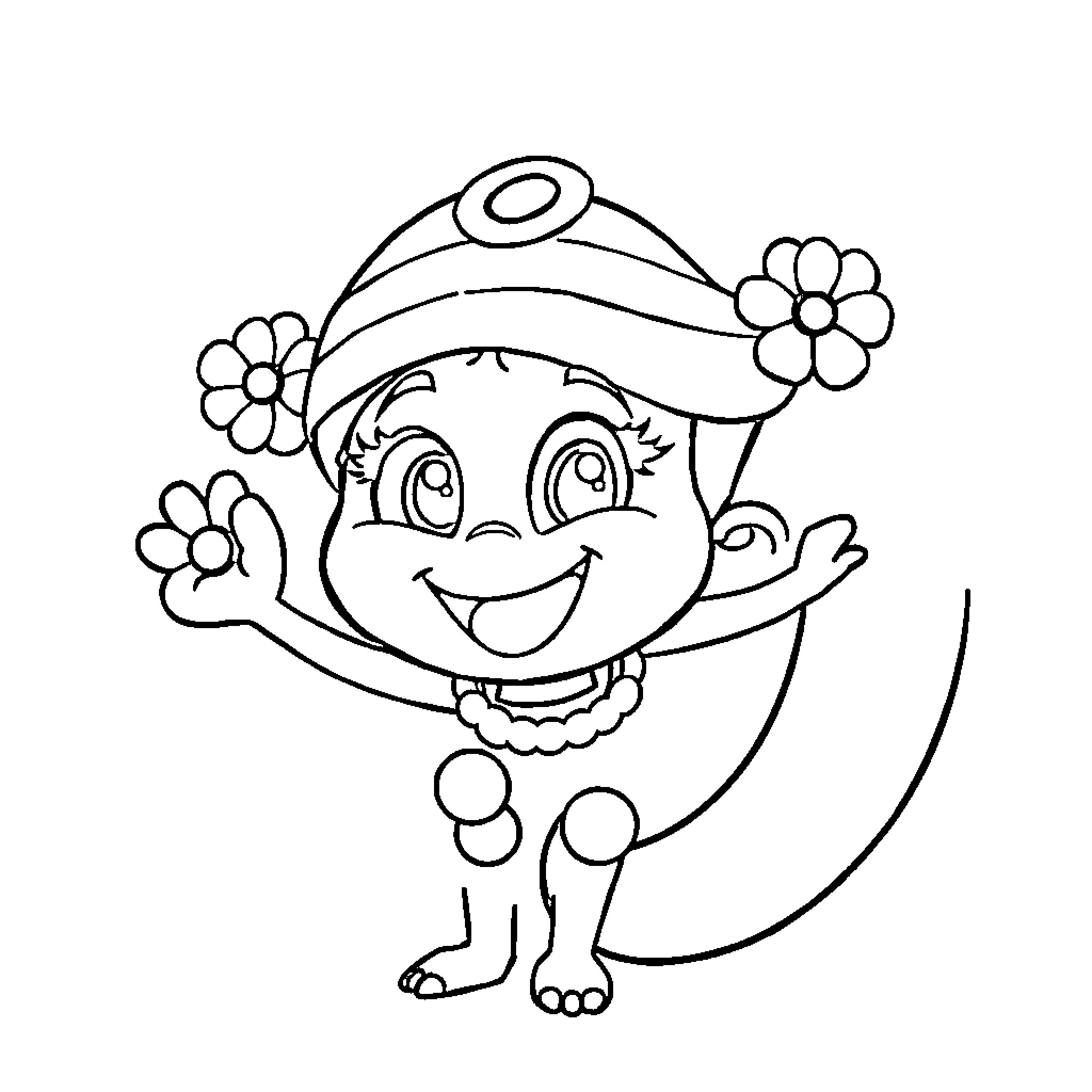 Chutti Kannama playing joyfully in the garden Coloring Page (free black-and-white line drawing printable PDF for all, from beginners to advanced learners, including children, teens, adults, and seniors)