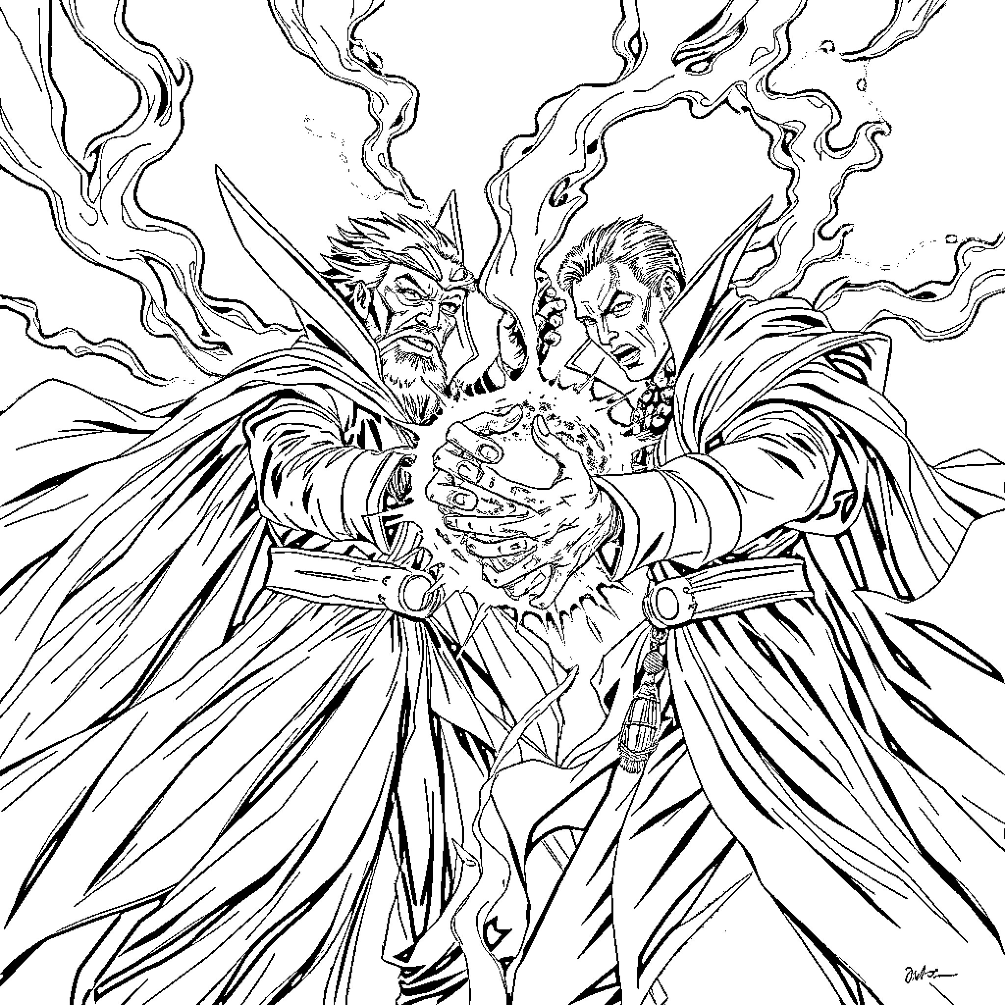 Dr. Strange and Villain in Epic Magical Battle Coloring Page (free black-and-white line drawing printable PDF for all, from beginners to advanced learners, including children, teens, adults, and seniors)