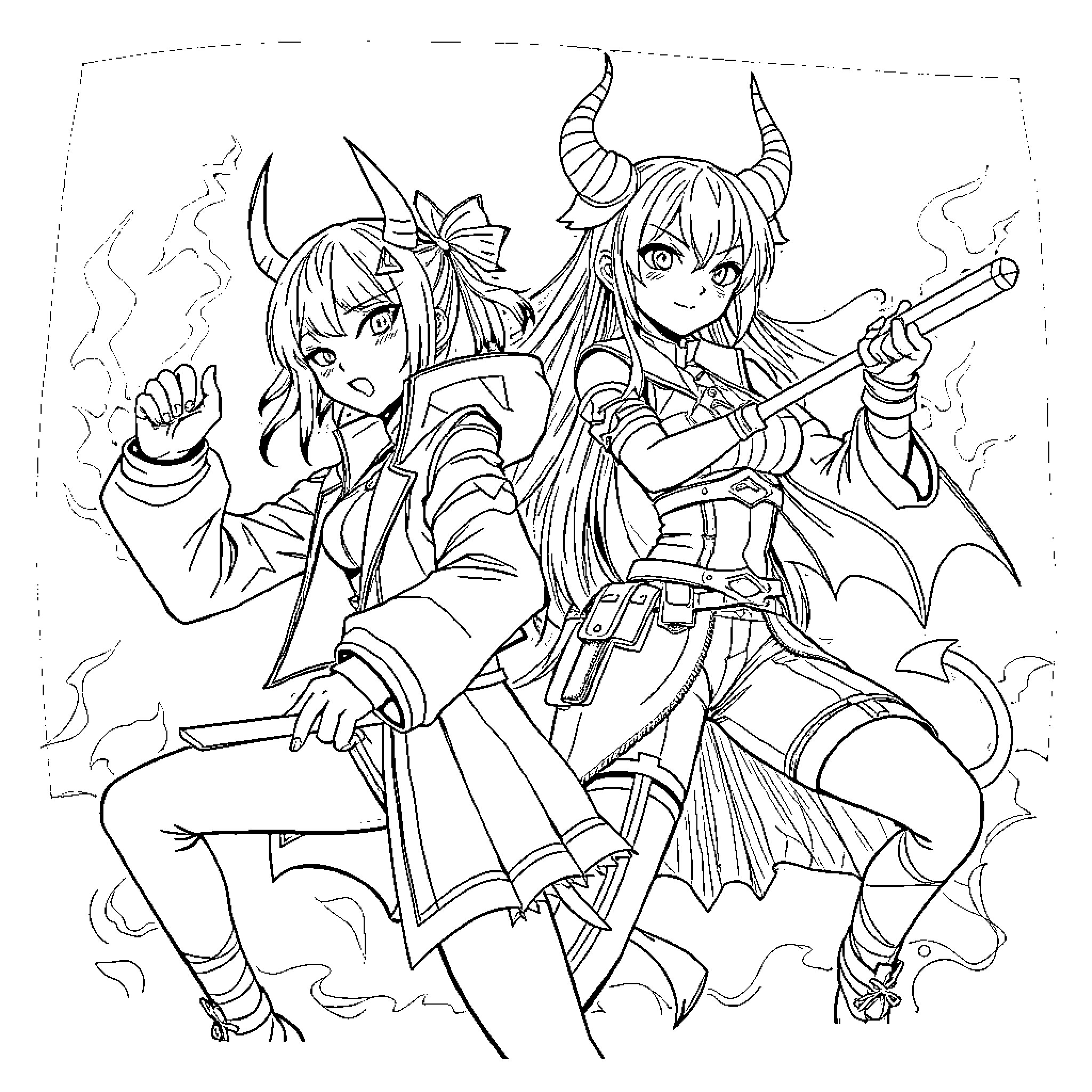 Kpop Demon Hunters in Fierce Battle Poses Coloring Page (free black-and-white line drawing printable PDF for all, from beginners to advanced learners, including children, teens, adults, and seniors)