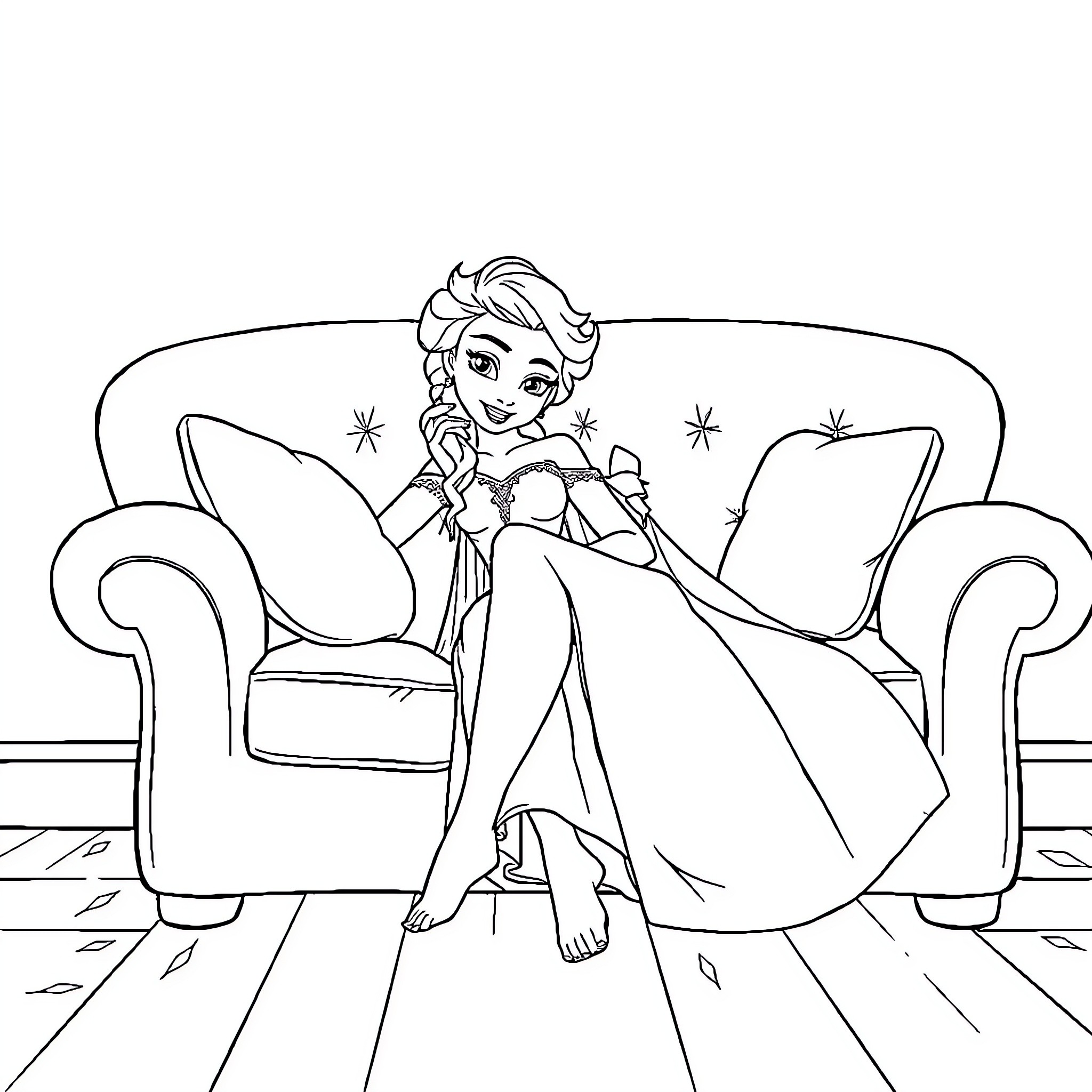 Elsa relaxing on an ornate sofa Coloring Page (free black-and-white line drawing printable PDF for all, from beginners to advanced learners, including children, teens, adults, and seniors)