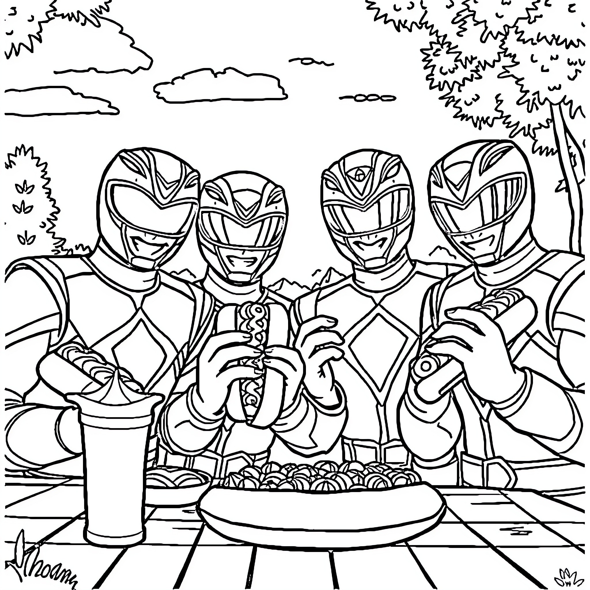 Power Rangers Enjoying a Picnic Outdoors Coloring Page (free black-and-white line drawing printable PDF for all, from beginners to advanced learners, including children, teens, adults, and seniors)