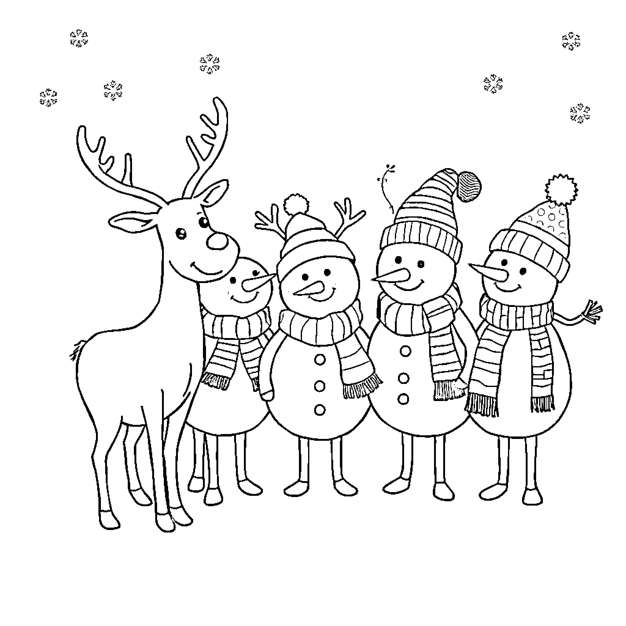Reindeer and friends celebrating winter holiday Coloring Page (free black-and-white line drawing printable PDF for all, from beginners to advanced learners, including children, teens, adults, and seniors)