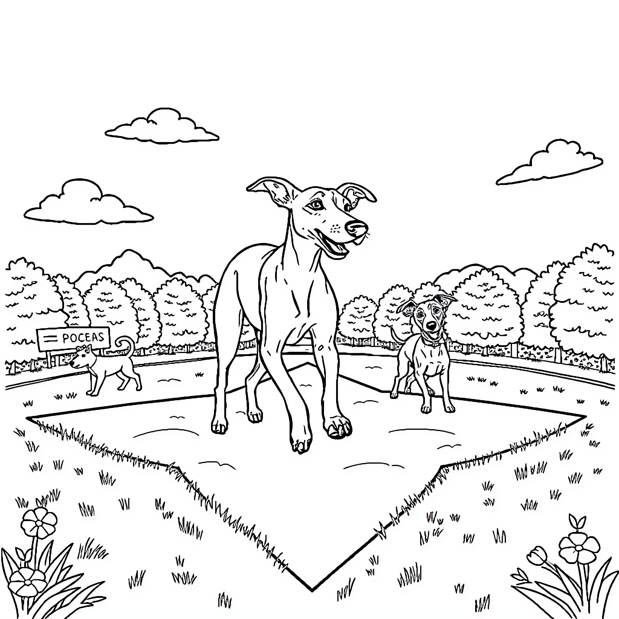 Italian Greyhounds playing joyfully in a serene outdoor setting Coloring Page (free black-and-white line drawing printable PDF for all, from beginners to advanced learners, including children, teens, adults, and seniors)