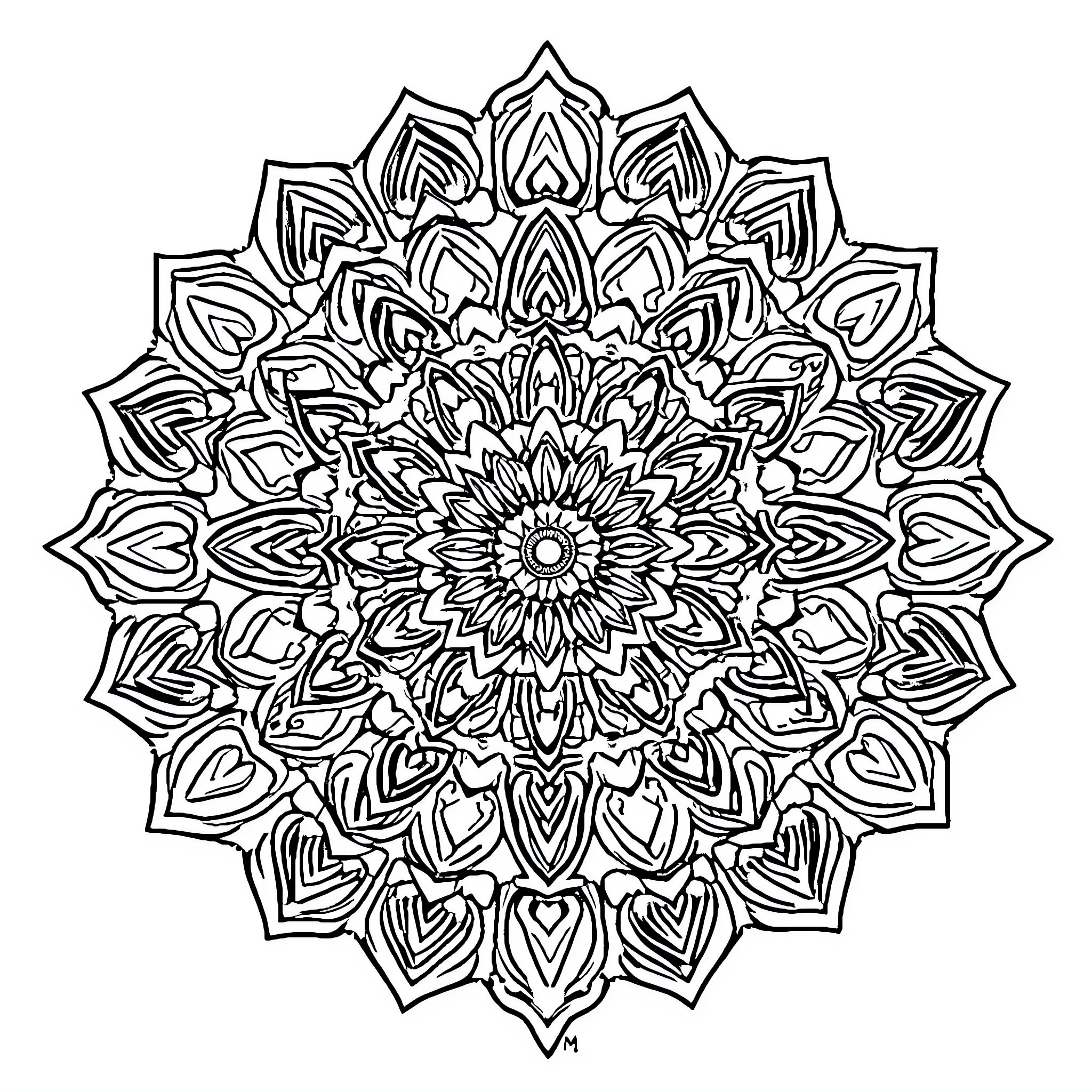 Mandala of intricate floral patterns Coloring Page (free black-and-white line drawing printable PDF for all, from beginners to advanced learners, including children, teens, adults, and seniors)