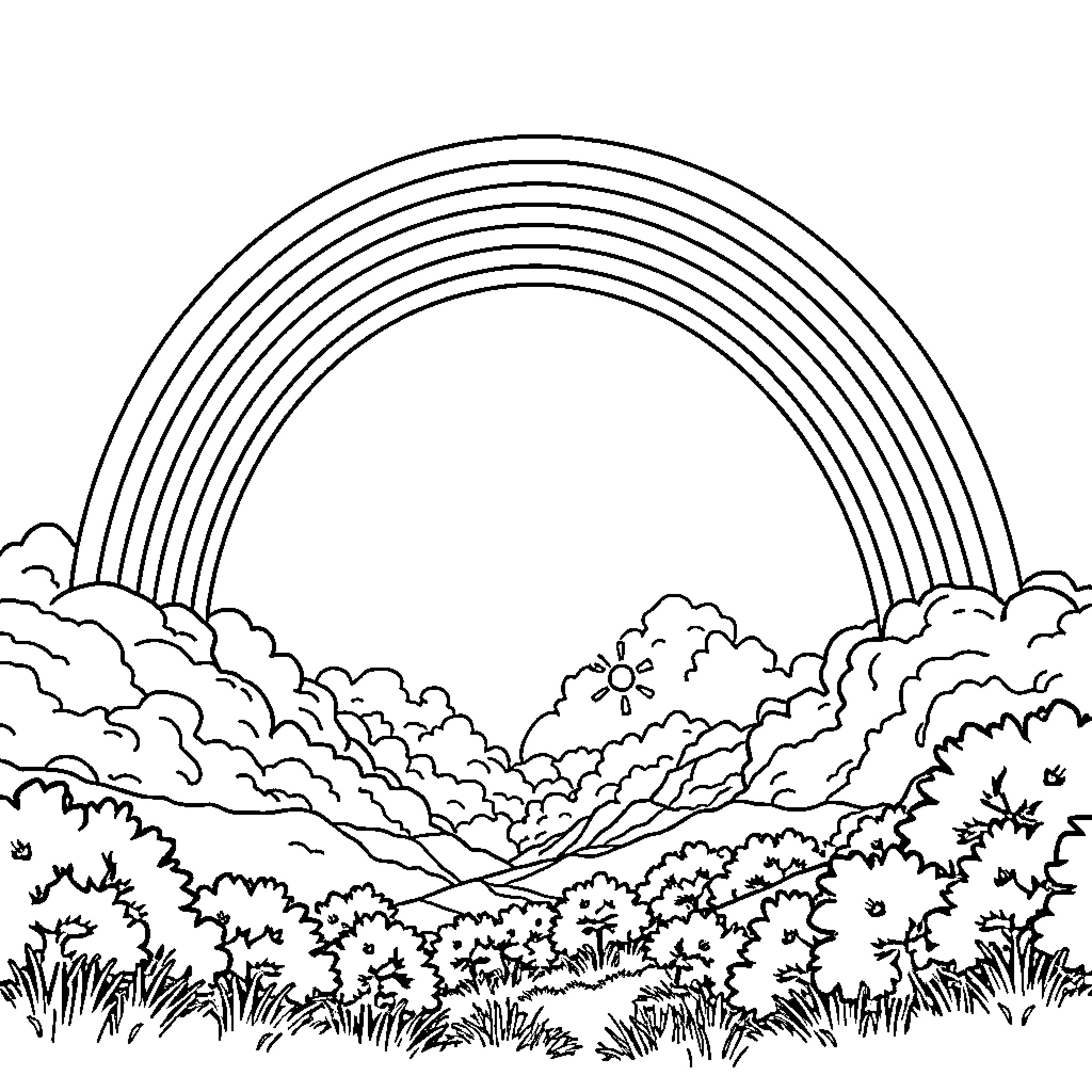 Rainbow landscape with nature scenery Coloring Page (free black-and-white line drawing printable PDF for all, from beginners to advanced learners, including children, teens, adults, and seniors)