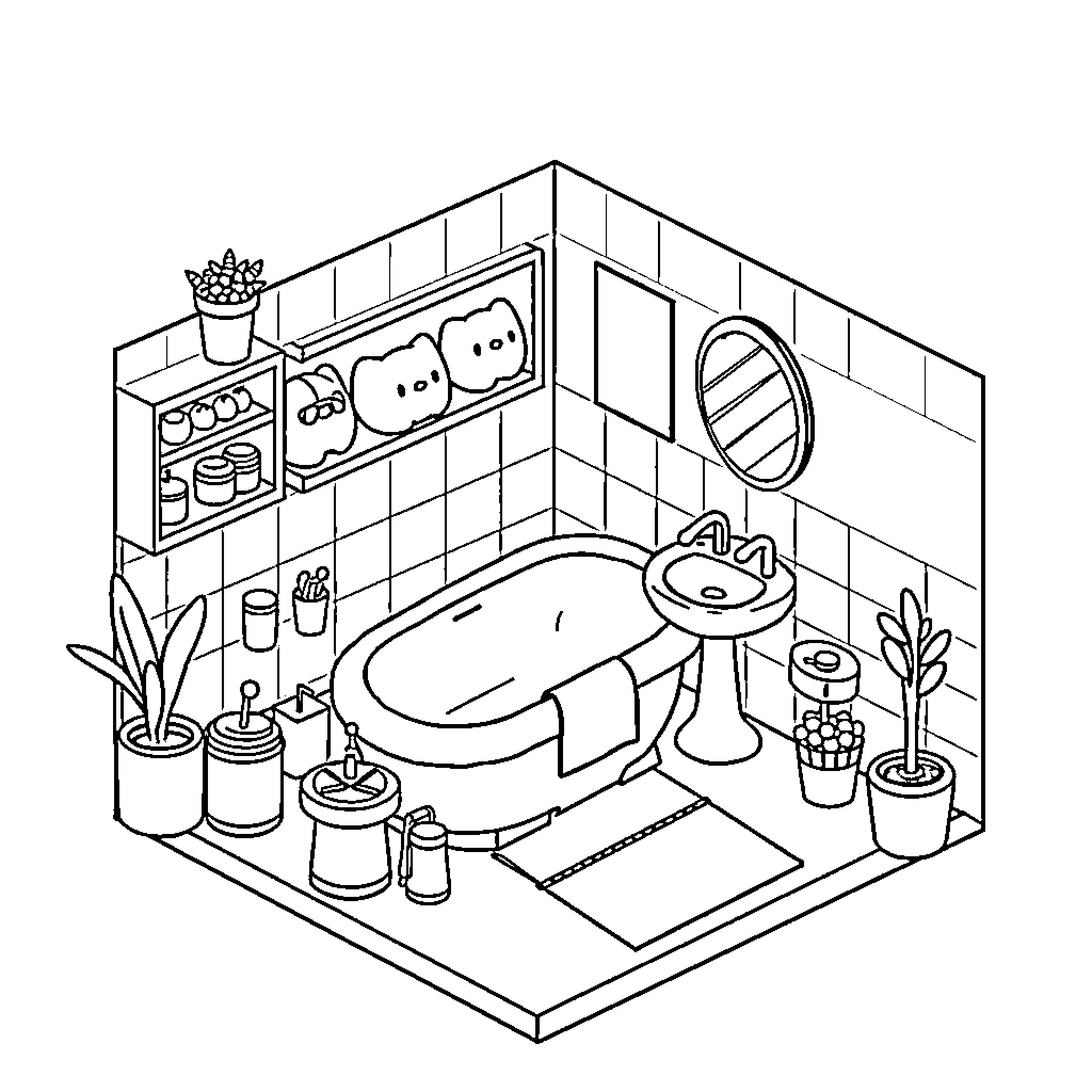 Bathroom with Decorative Plants and Accessories Coloring Page (free black-and-white line drawing printable PDF for all, from beginners to advanced learners, including children, teens, adults, and seniors)