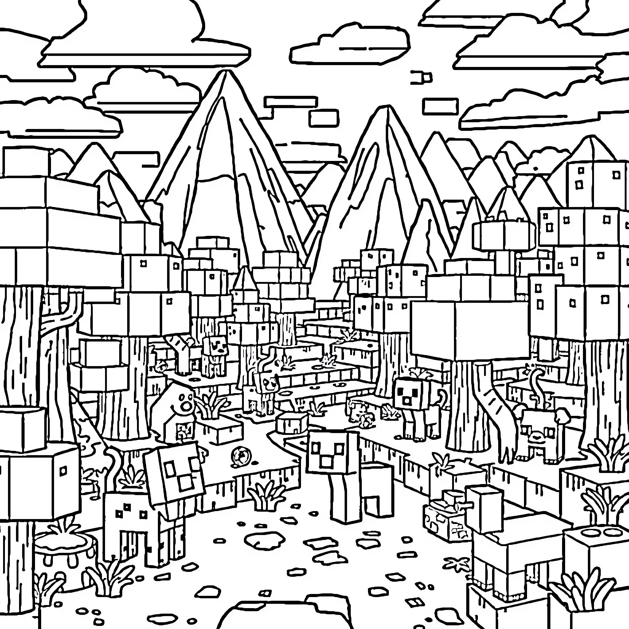 Minecraft landscape with mountains and buildings Coloring Page (free black-and-white line drawing printable PDF for all, from beginners to advanced learners, including children, teens, adults, and seniors)