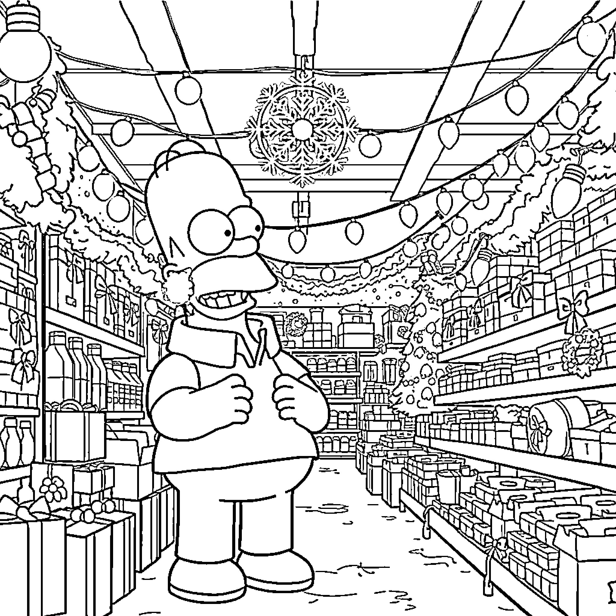 Homer Explores a Festive Grocery Store Coloring Page (free black-and-white line drawing printable PDF for all, from beginners to advanced learners, including children, teens, adults, and seniors)