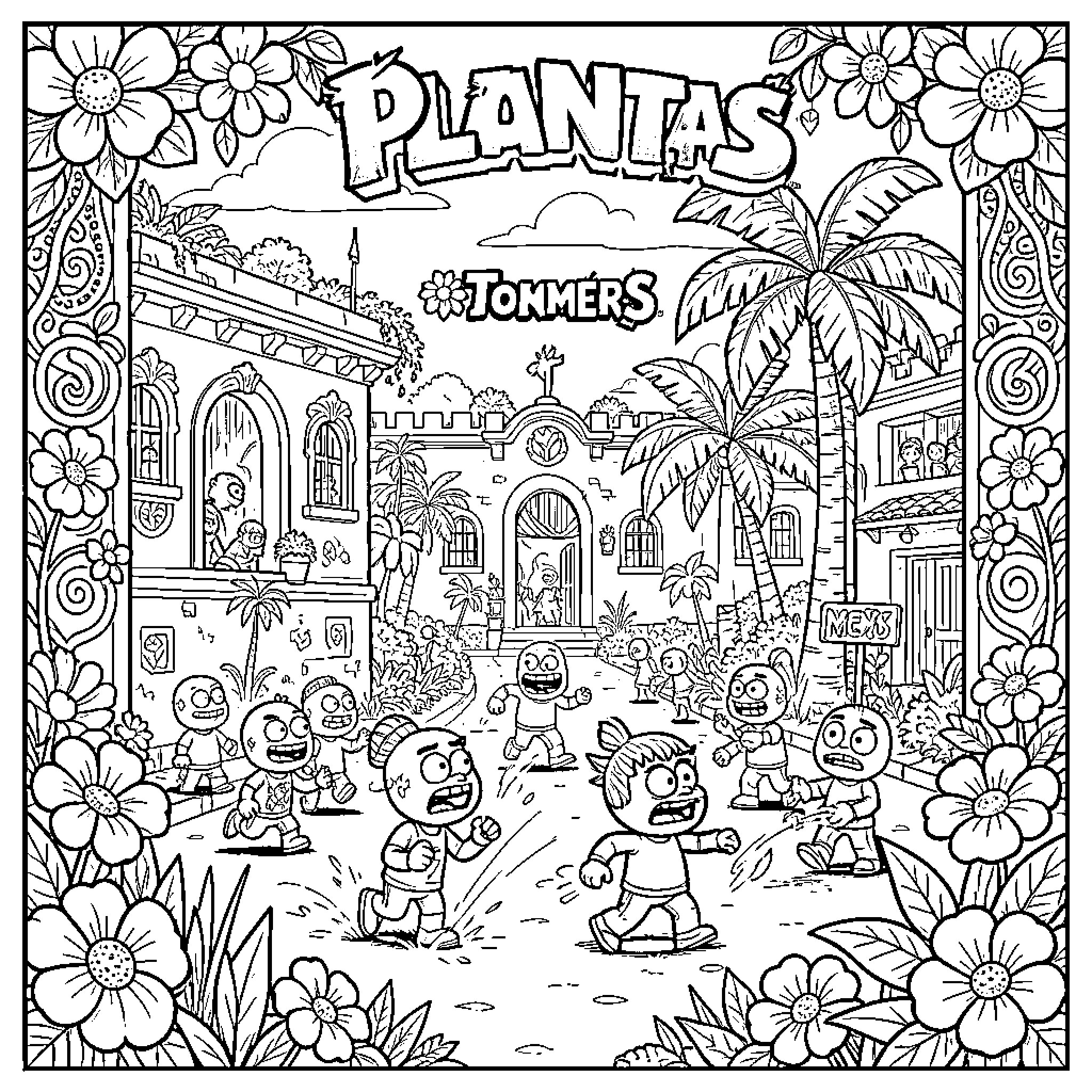 Plant vs Zombies: Animated characters in a tropical scene Coloring Page (free black-and-white line drawing printable PDF for all, from beginners to advanced learners, including children, teens, adults, and seniors)