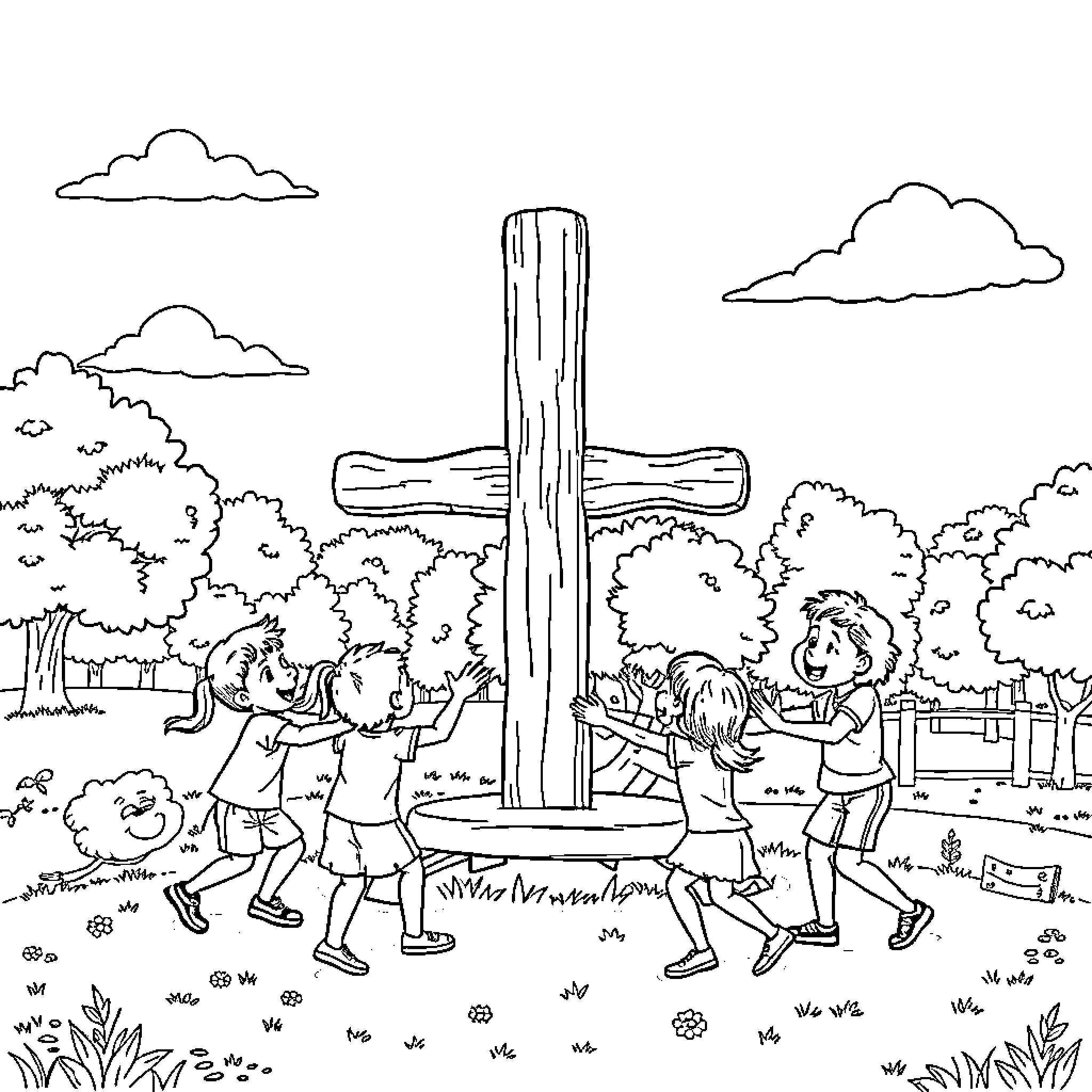 Children playing joyfully near a cross in nature Coloring Page (free black-and-white line drawing printable PDF for all, from beginners to advanced learners, including children, teens, adults, and seniors)