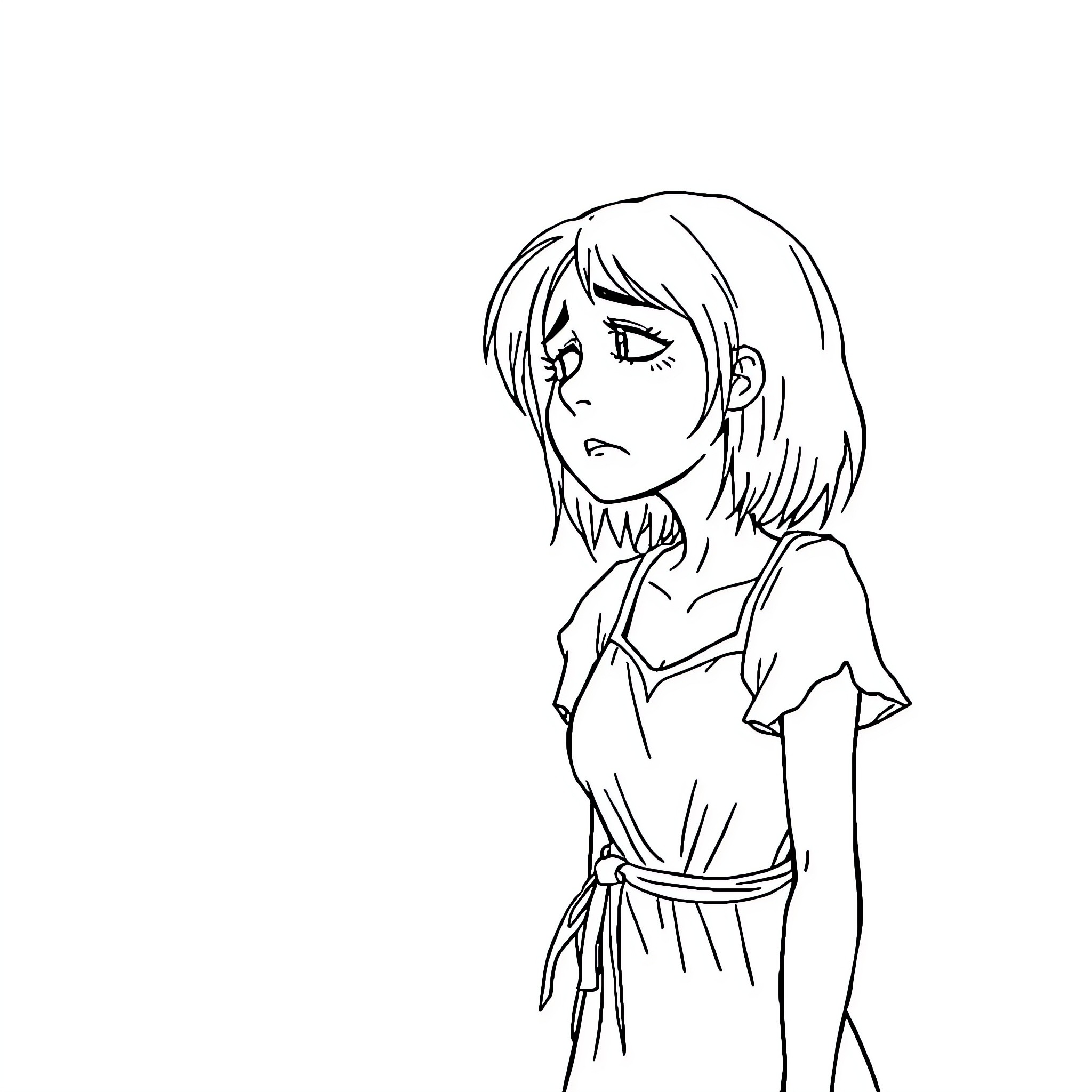 Prisoner with sorrowful expression Coloring Page (free black-and-white line drawing printable PDF for all, from beginners to advanced learners, including children, teens, adults, and seniors)