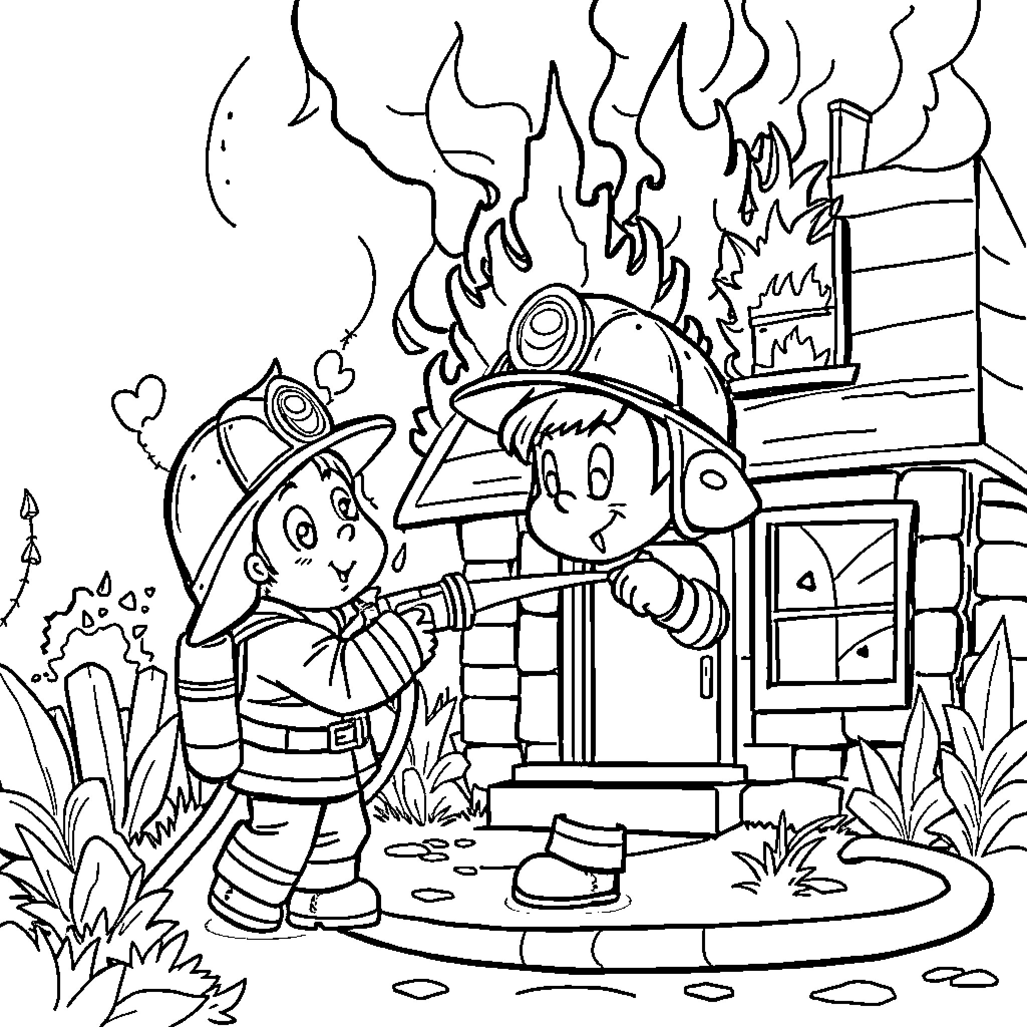 Firefighter Putting Out Flames in Cartoon Scene Coloring Page (free black-and-white line drawing printable PDF for all, from beginners to advanced learners, including children, teens, adults, and seniors)