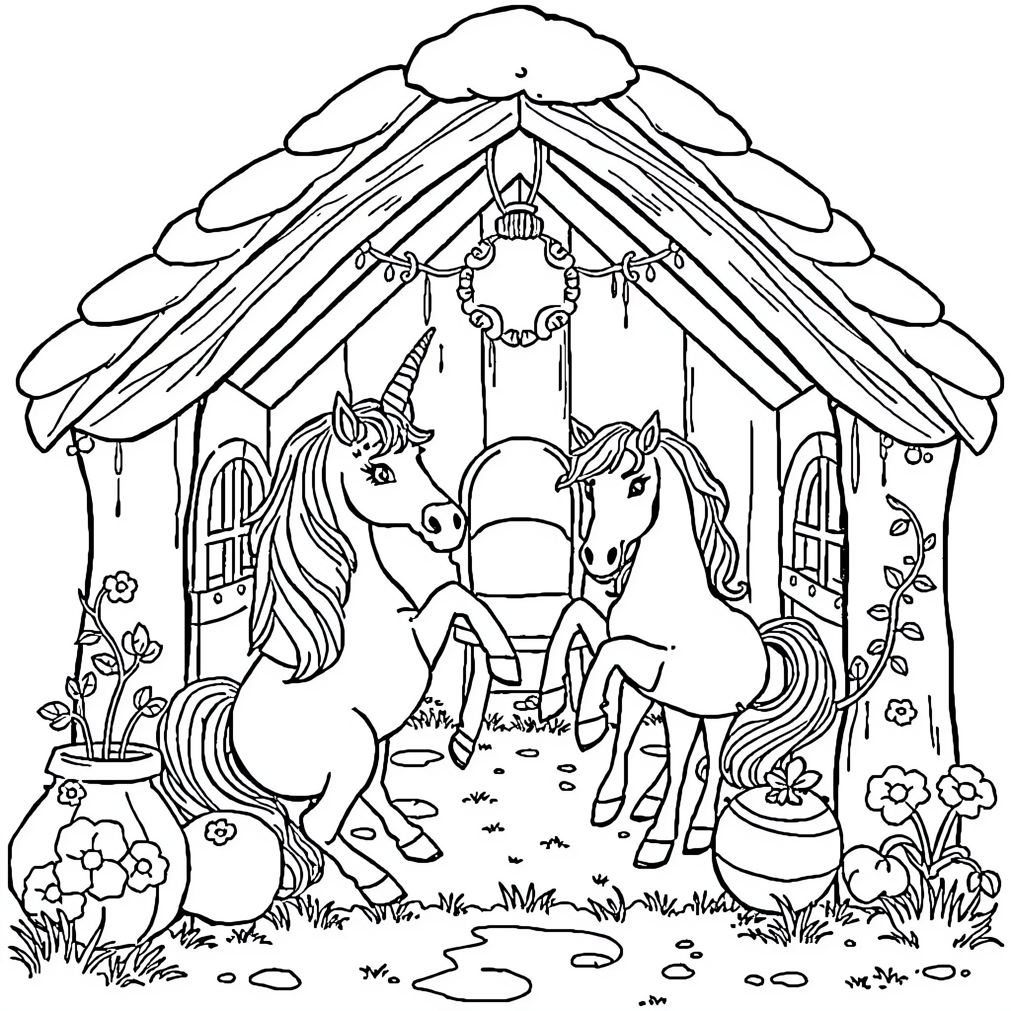 Unicorn Fairy Tale Adventure in the Woods Coloring Page (free black-and-white line drawing printable PDF for all, from beginners to advanced learners, including children, teens, adults, and seniors)