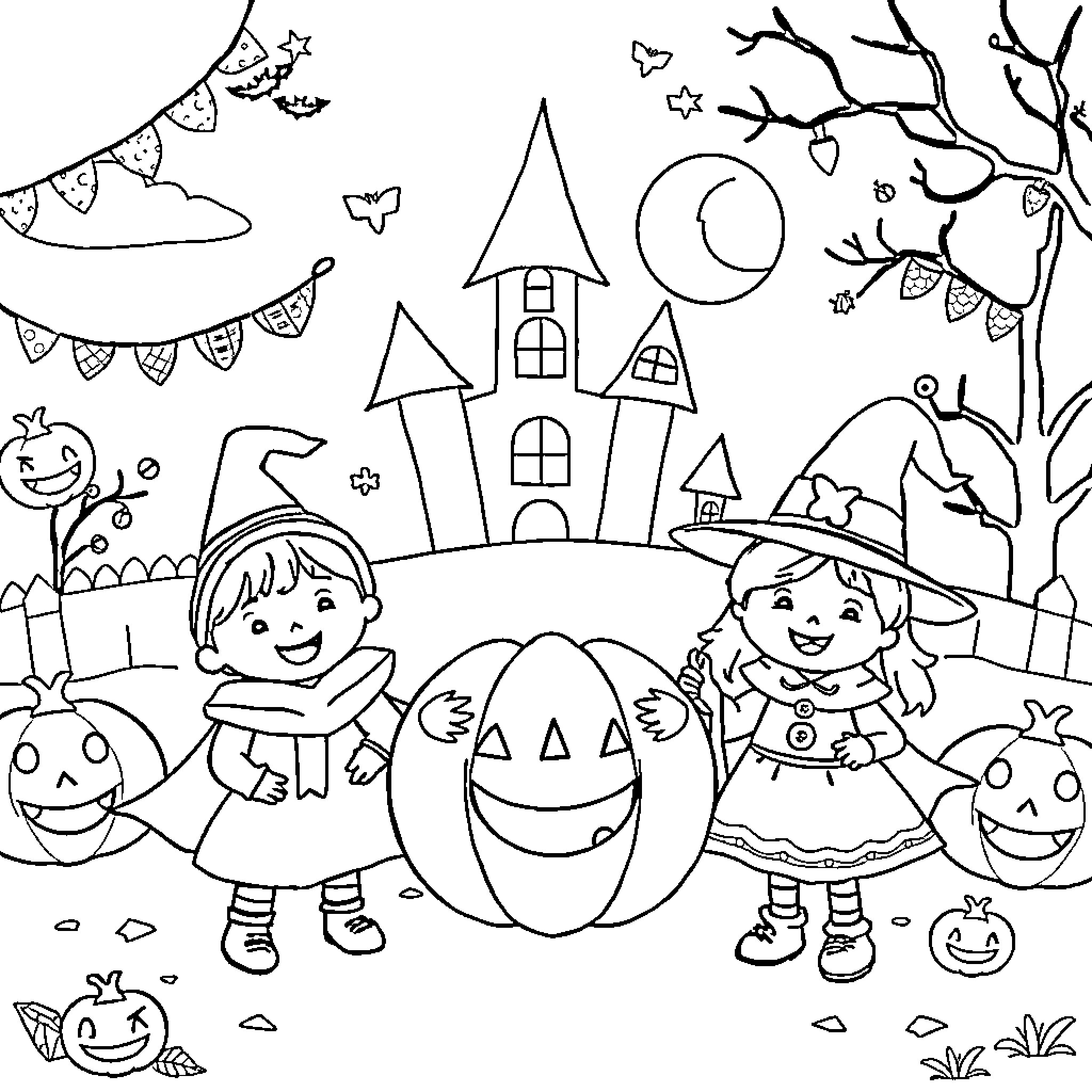 Halloween Trick-or-Treating at the Haunted Castle Coloring Page (free black-and-white line drawing printable PDF for all, from beginners to advanced learners, including children, teens, adults, and seniors)