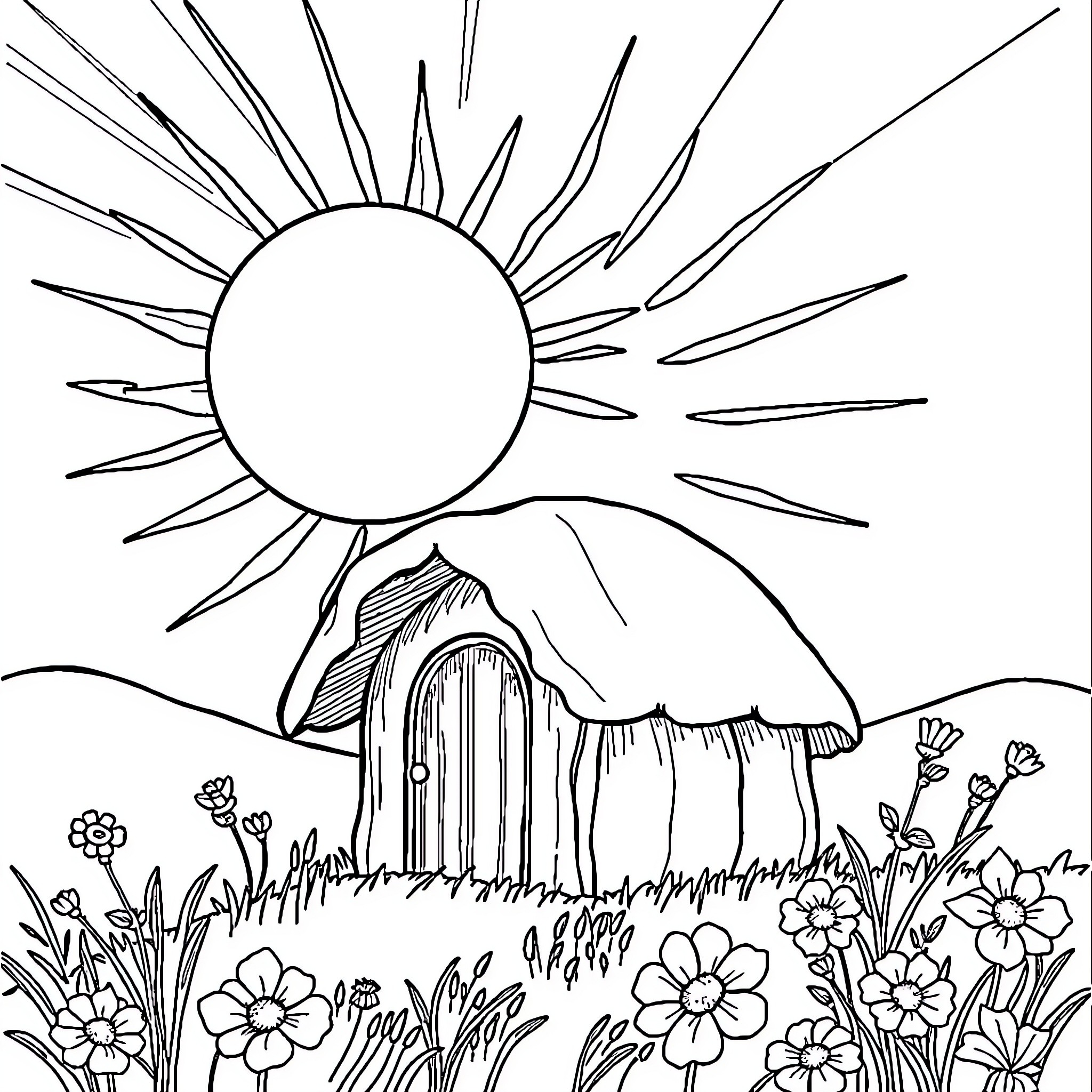 Sun shining over a mushroom house in a flower field Coloring Page (free black-and-white line drawing printable PDF for all, from beginners to advanced learners, including children, teens, adults, and seniors)