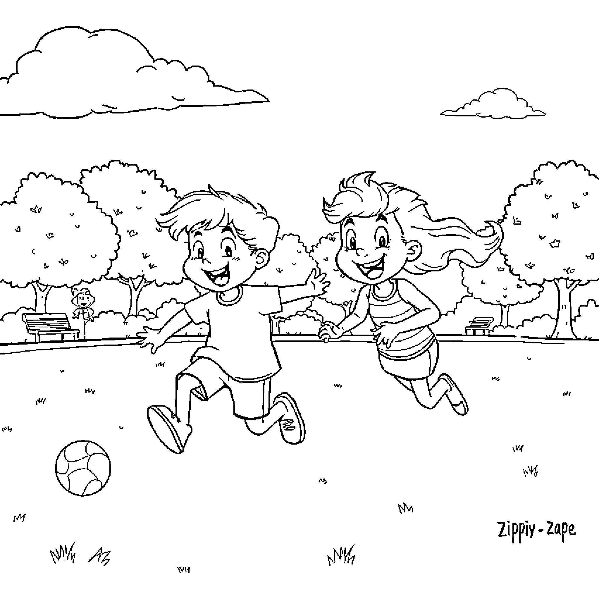 Zipi y Zape playing happily in the park Coloring Page (free black-and-white line drawing printable PDF for all, from beginners to advanced learners, including children, teens, adults, and seniors)