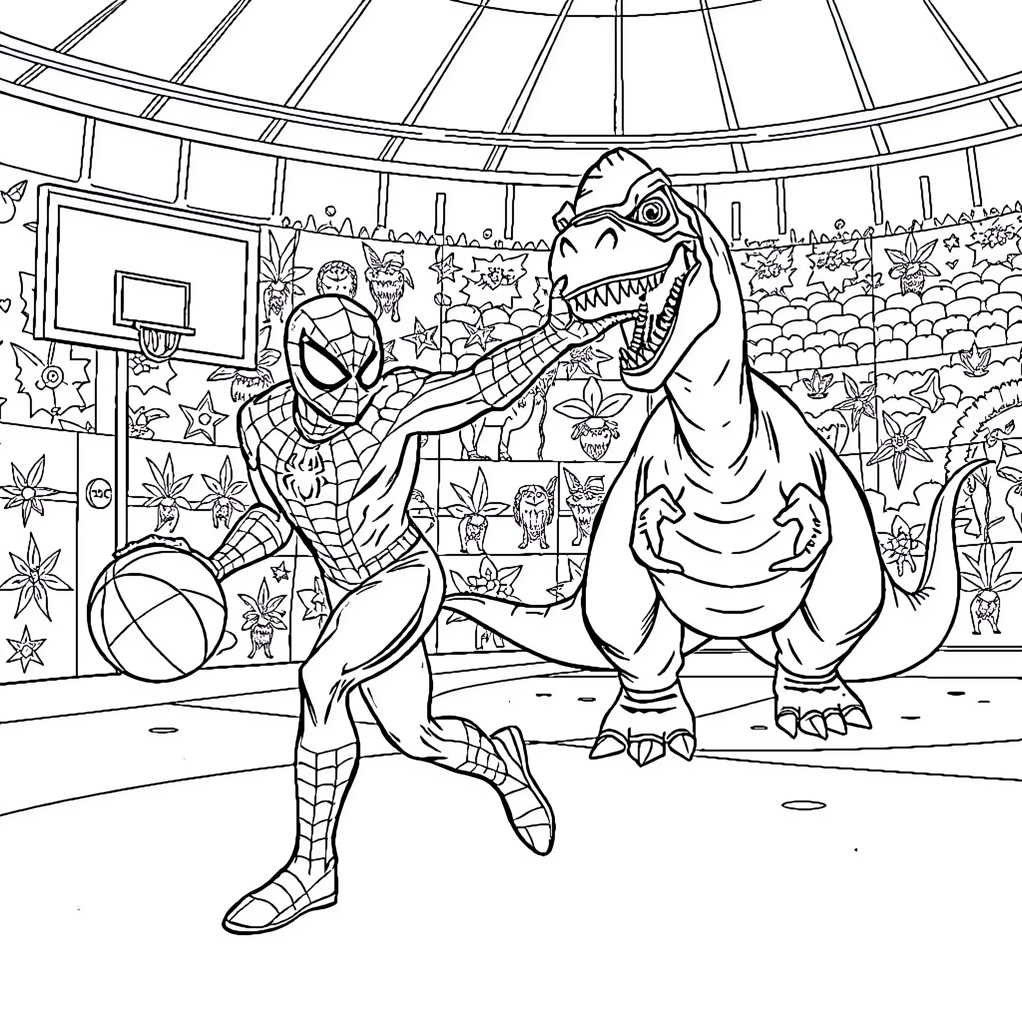 Spider-Man battles a ferocious dinosaur in an indoor arena Coloring Page (free black-and-white line drawing printable PDF for all, from beginners to advanced learners, including children, teens, adults, and seniors)