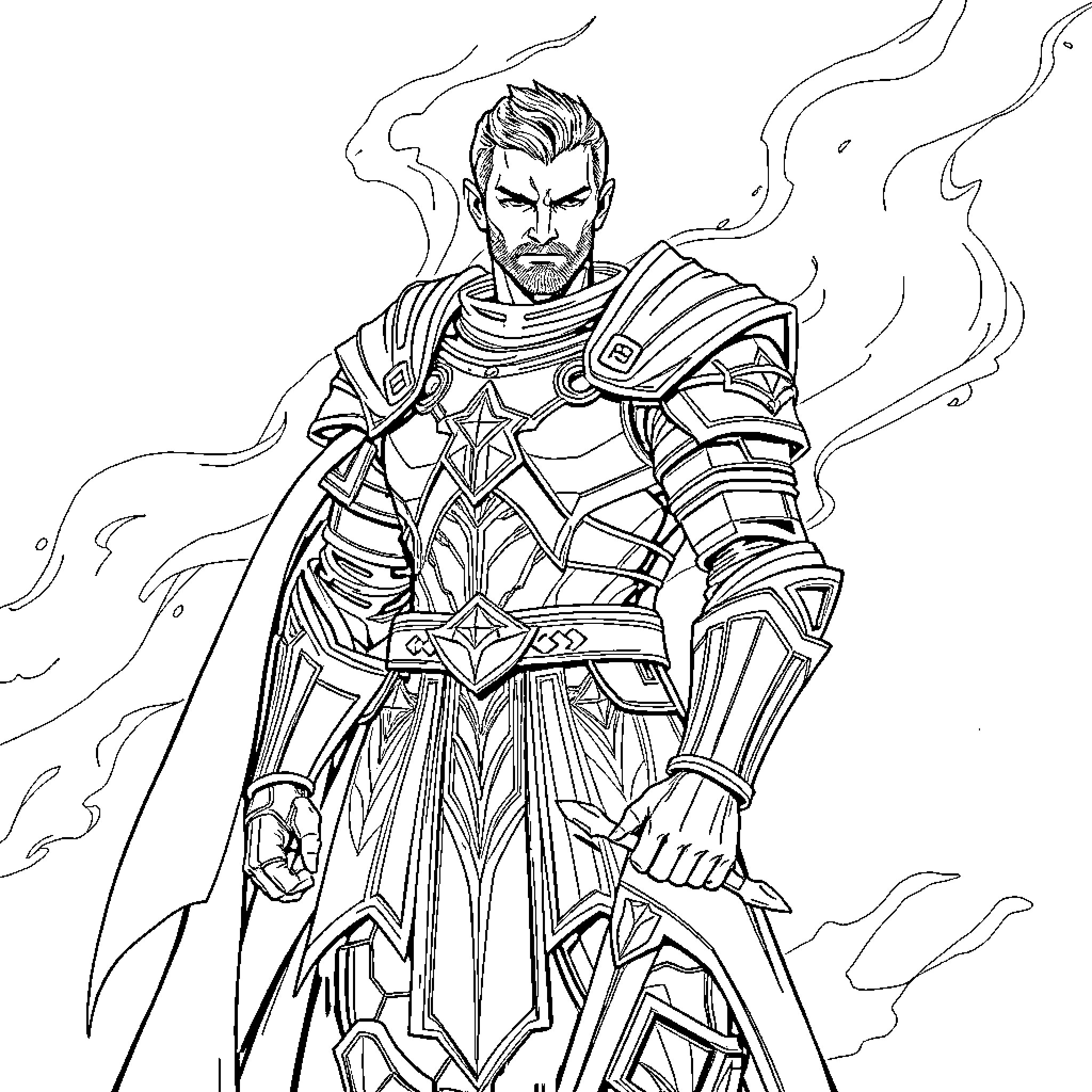 Adolin in Heroic Armor and Fierce Pose Coloring Page (free black-and-white line drawing printable PDF for all, from beginners to advanced learners, including children, teens, adults, and seniors)