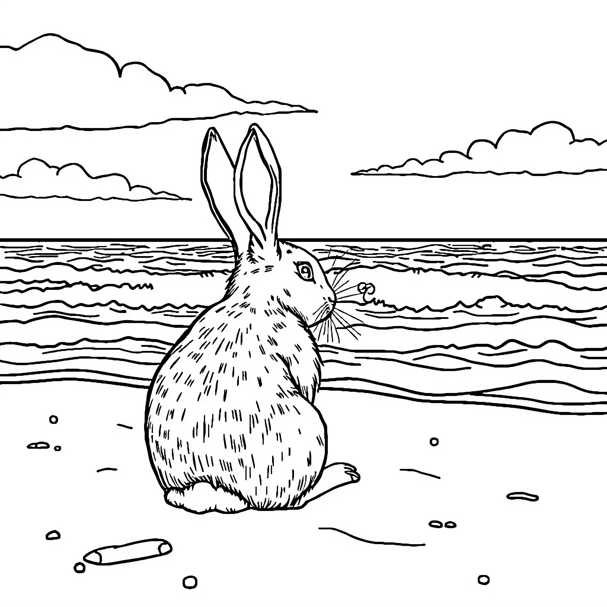 Rabbit by the tranquil seaside Coloring Page (free black-and-white line drawing printable PDF for all, from beginners to advanced learners, including children, teens, adults, and seniors)