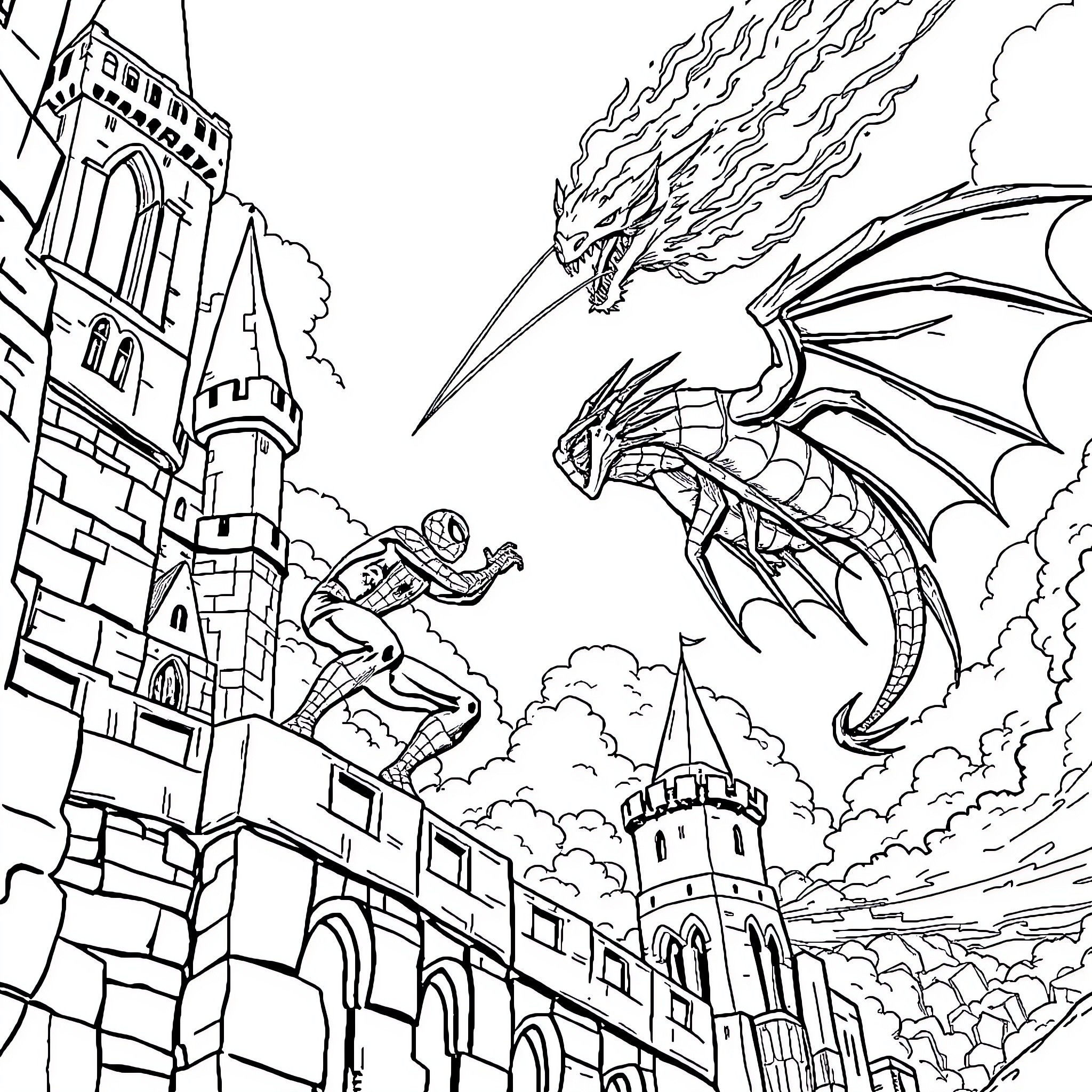 Spiderman battles fierce dragon in medieval castle Coloring Page (free black-and-white line drawing printable PDF for all, from beginners to advanced learners, including children, teens, adults, and seniors)
